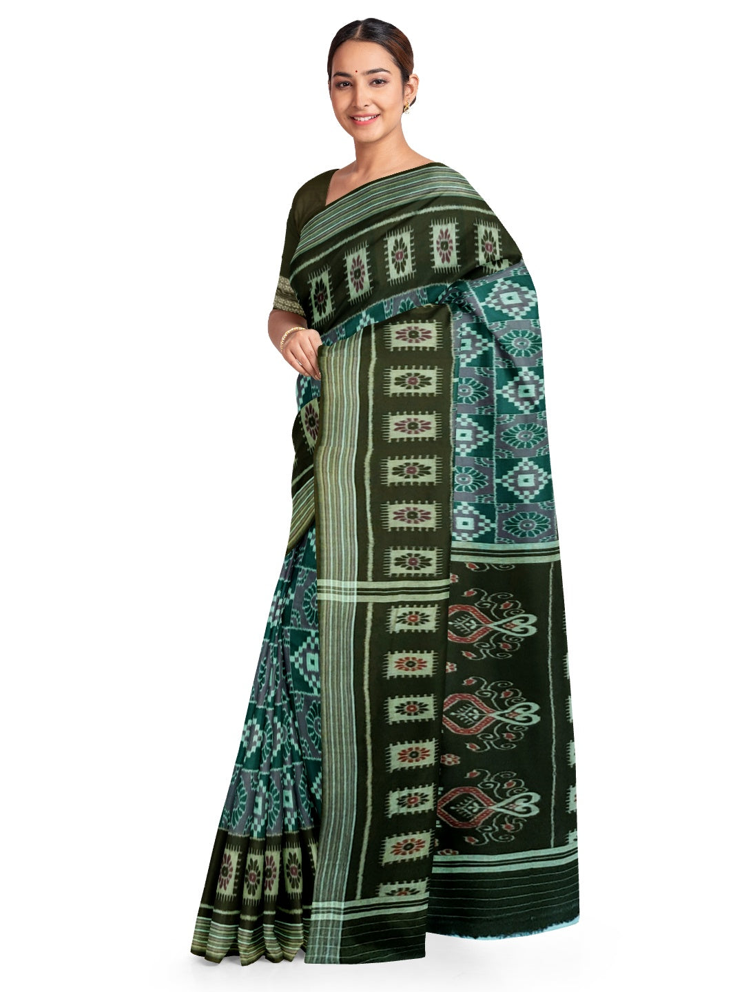 Green Odisha Ikat saree  with cotton ikat blouse piece