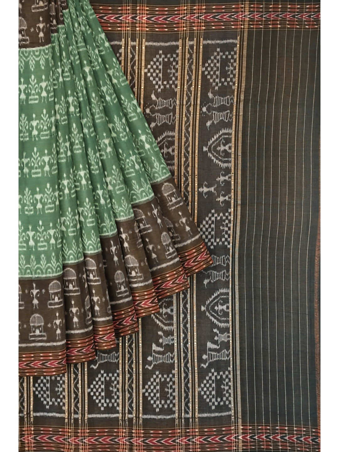 Green woven tribal motif Odisha Ikat saree  with cotton ikat blouse piece