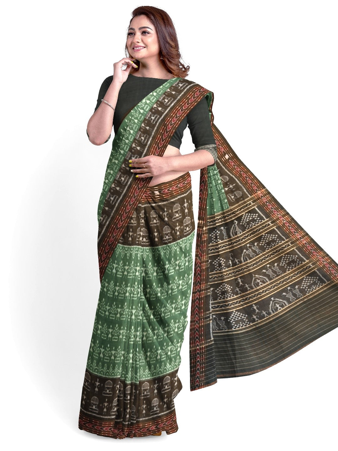 Green woven tribal motif Odisha Ikat saree  with cotton ikat blouse piece
