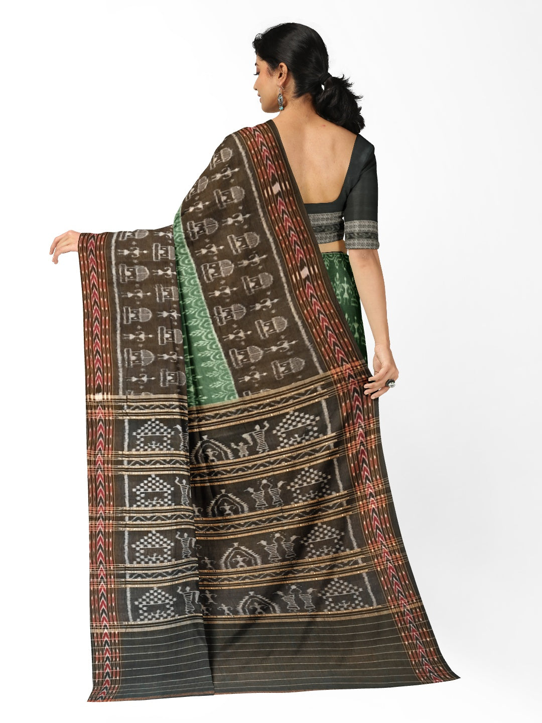 Green woven tribal motif Odisha Ikat saree  with cotton ikat blouse piece