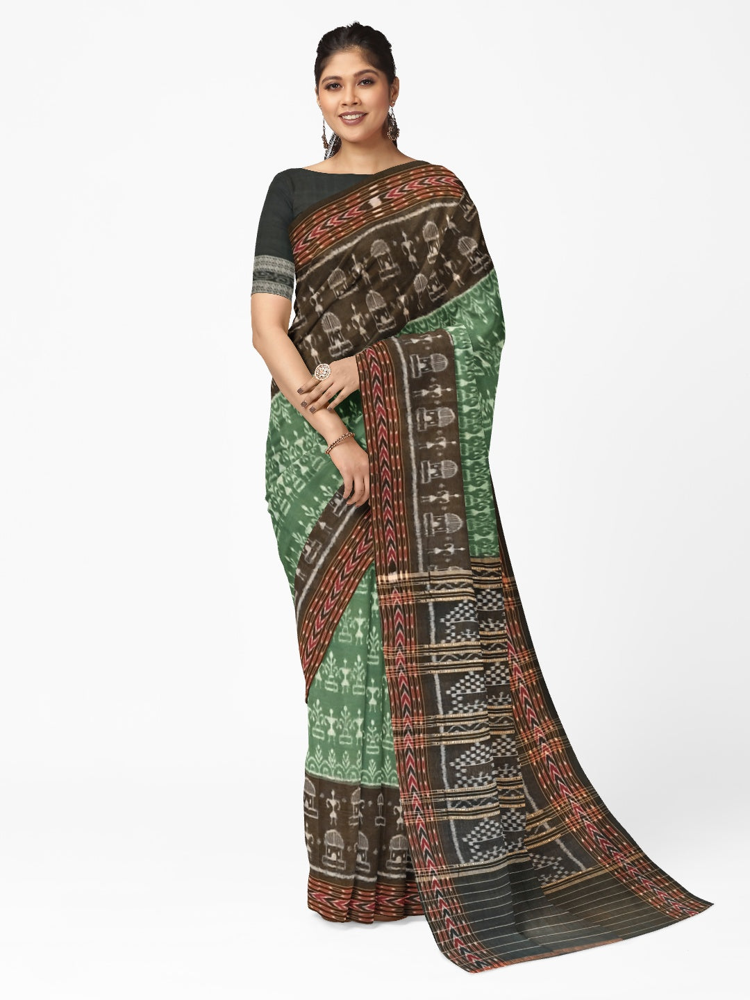 Green woven tribal motif Odisha Ikat saree  with cotton ikat blouse piece