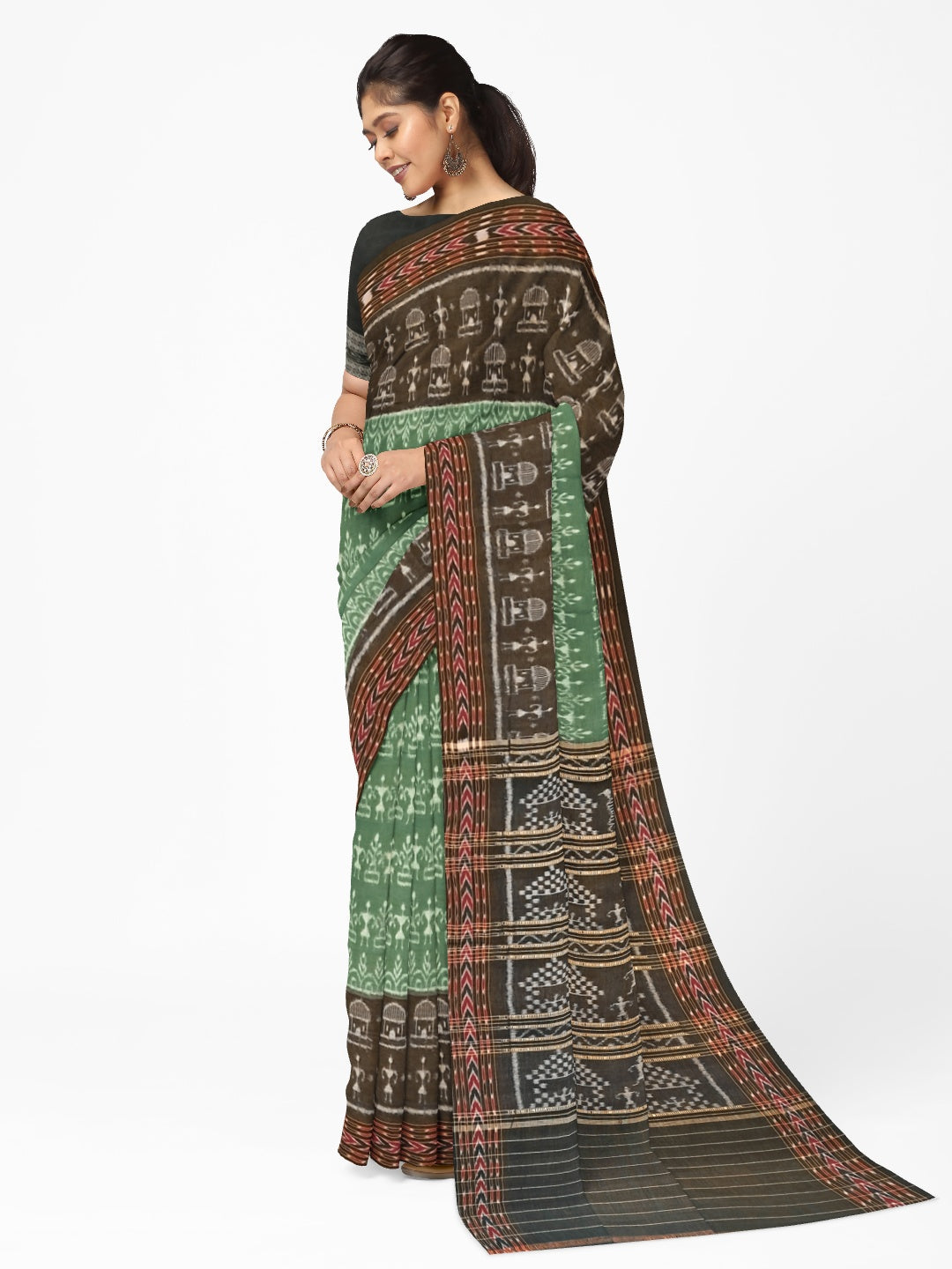 Green woven tribal motif Odisha Ikat saree  with cotton ikat blouse piece