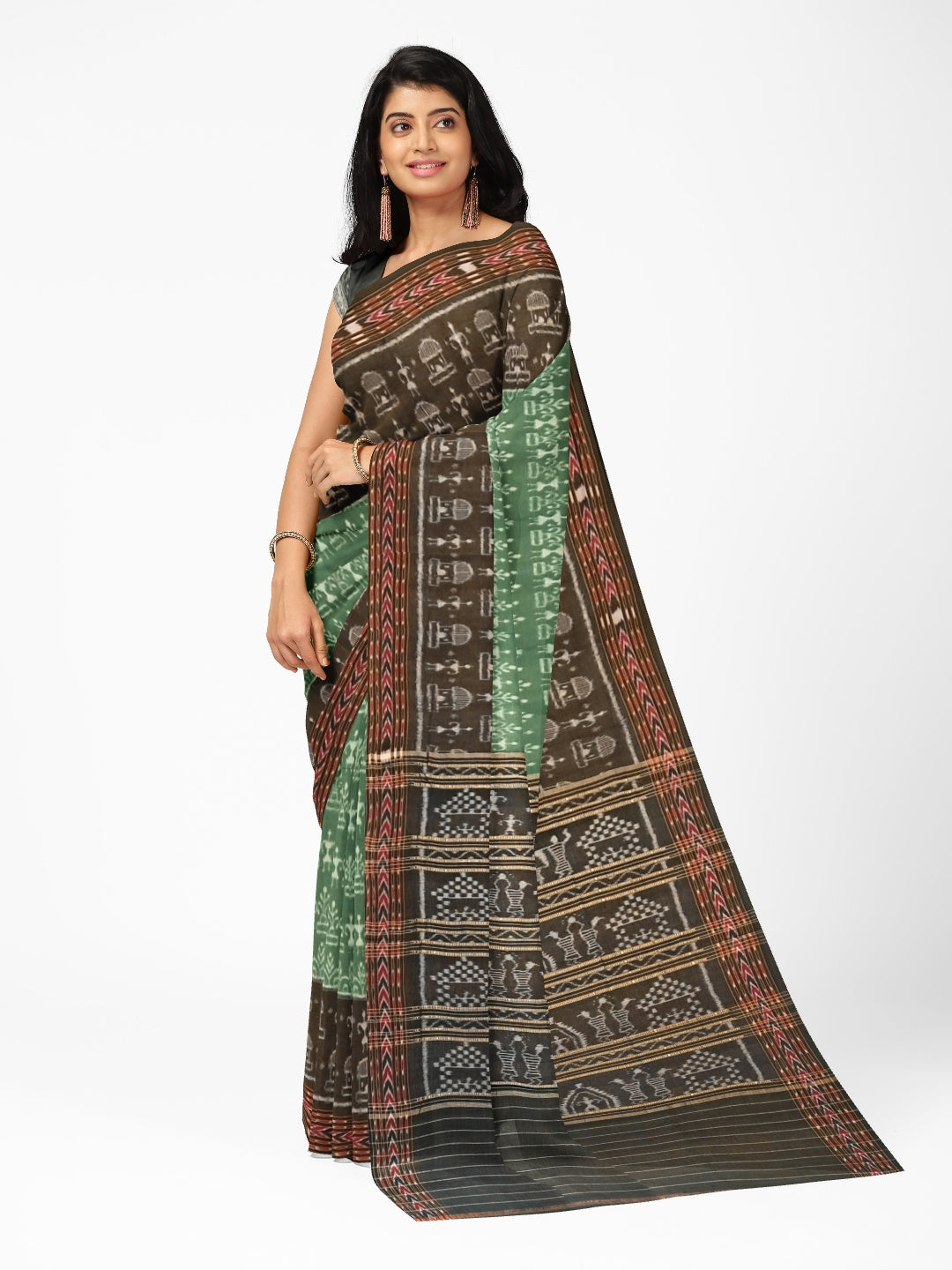 Green woven tribal motif Odisha Ikat saree  with cotton ikat blouse piece