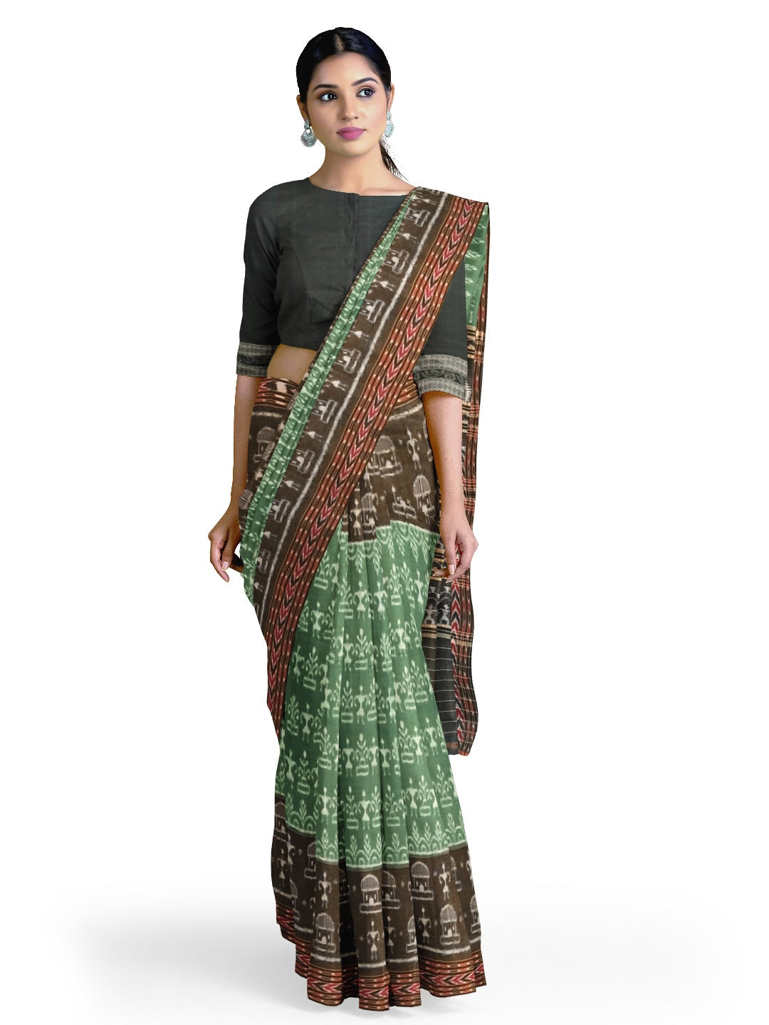Green woven tribal motif Odisha Ikat saree  with cotton ikat blouse piece