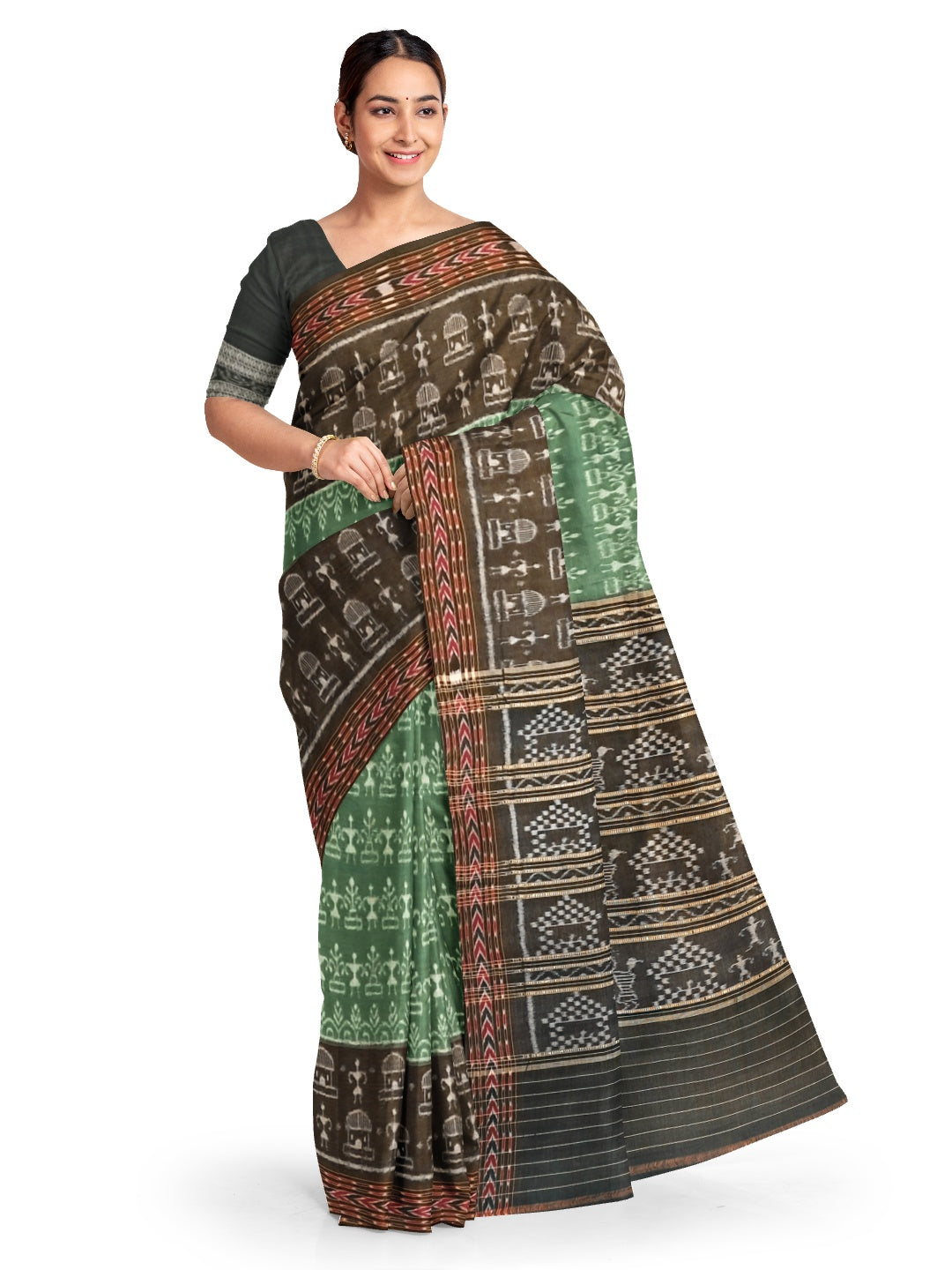 Green woven tribal motif Odisha Ikat saree  with cotton ikat blouse piece