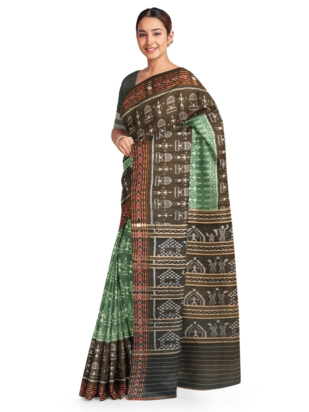 Green woven tribal motif Odisha Ikat saree  with cotton ikat blouse piece