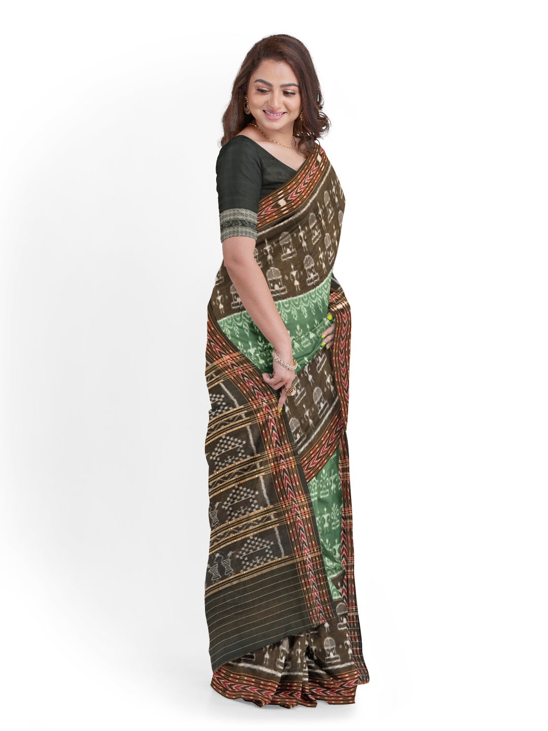 Green woven tribal motif Odisha Ikat saree  with cotton ikat blouse piece
