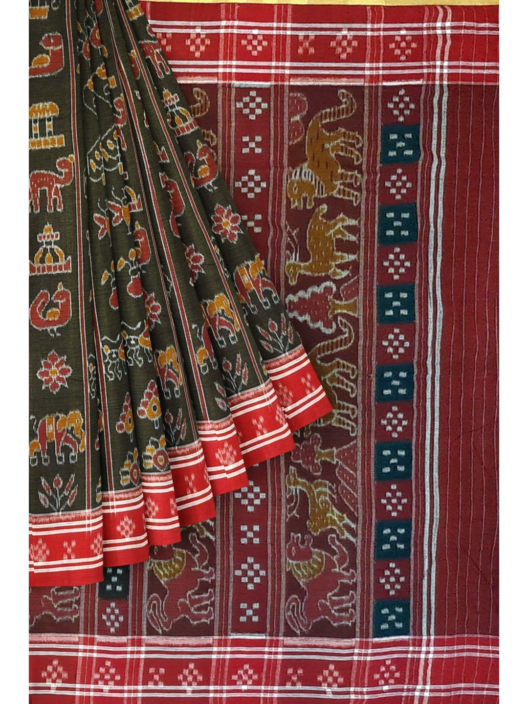 Black with Red colour cotton ikat Saree with mix match red cotton Ikat Blouse