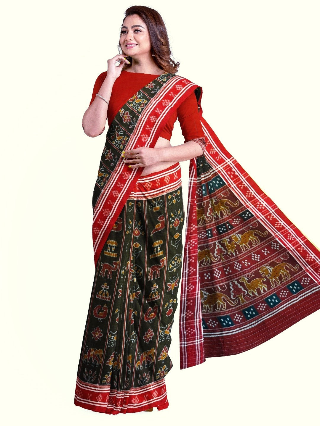 Black with Red colour cotton ikat Saree with mix match red cotton Ikat Blouse