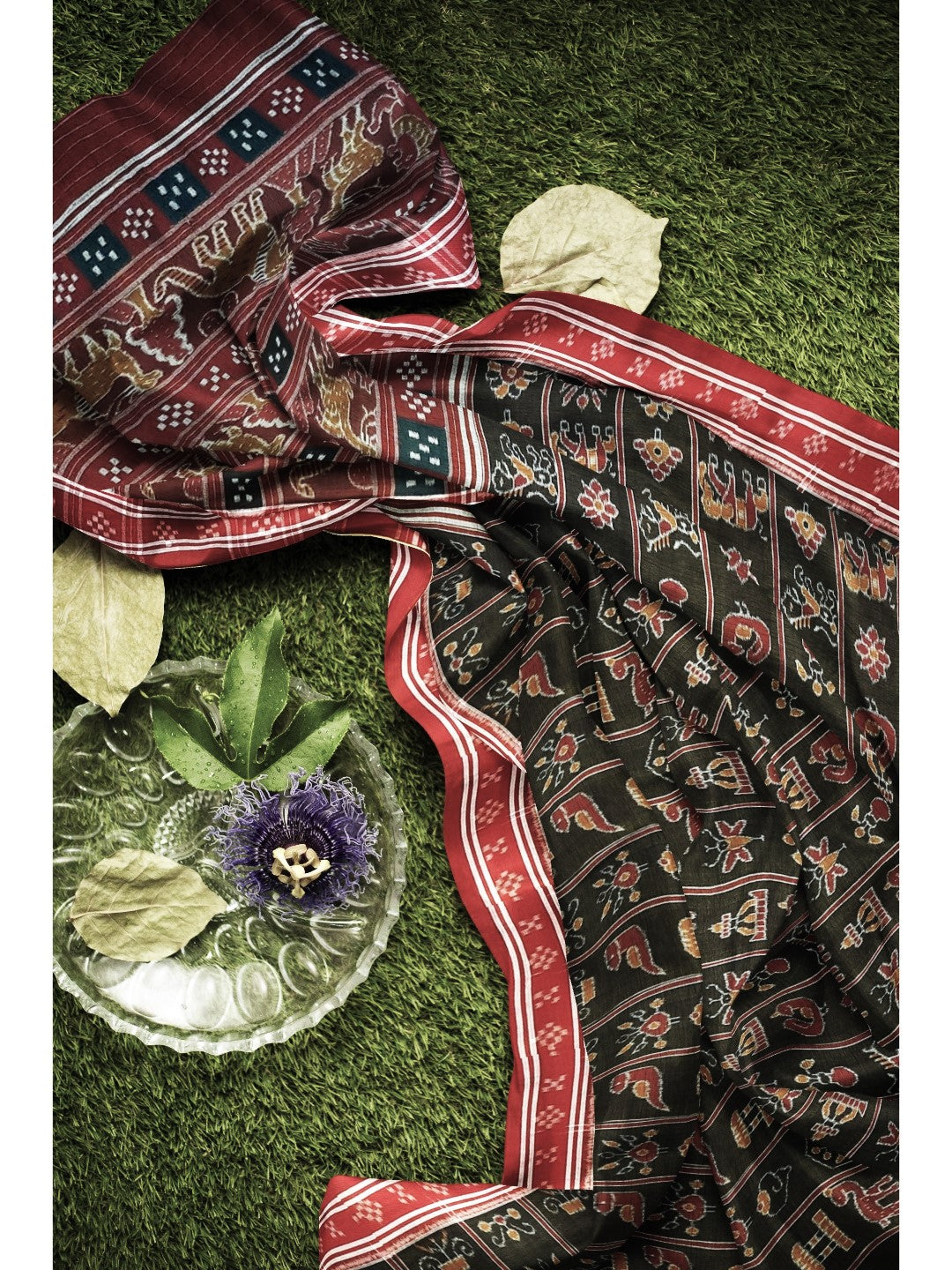 Black with Red colour cotton ikat Saree with mix match red cotton Ikat Blouse