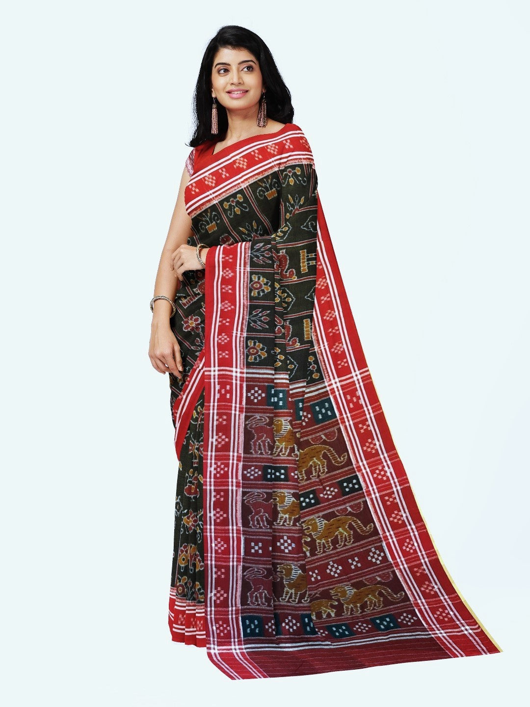 Black with Red colour cotton ikat Saree with mix match red cotton Ikat Blouse