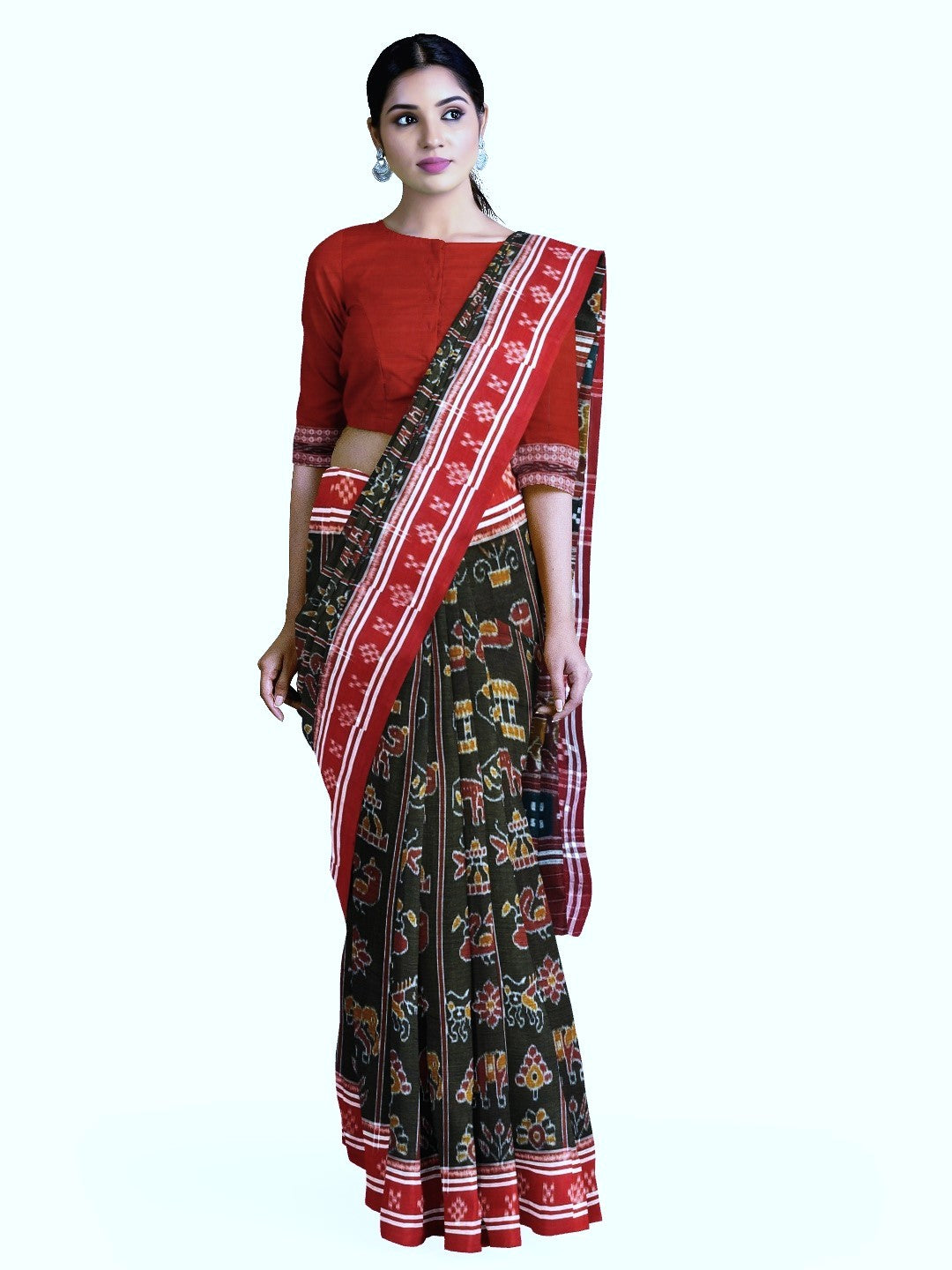Black with Red colour cotton ikat Saree with mix match red cotton Ikat Blouse