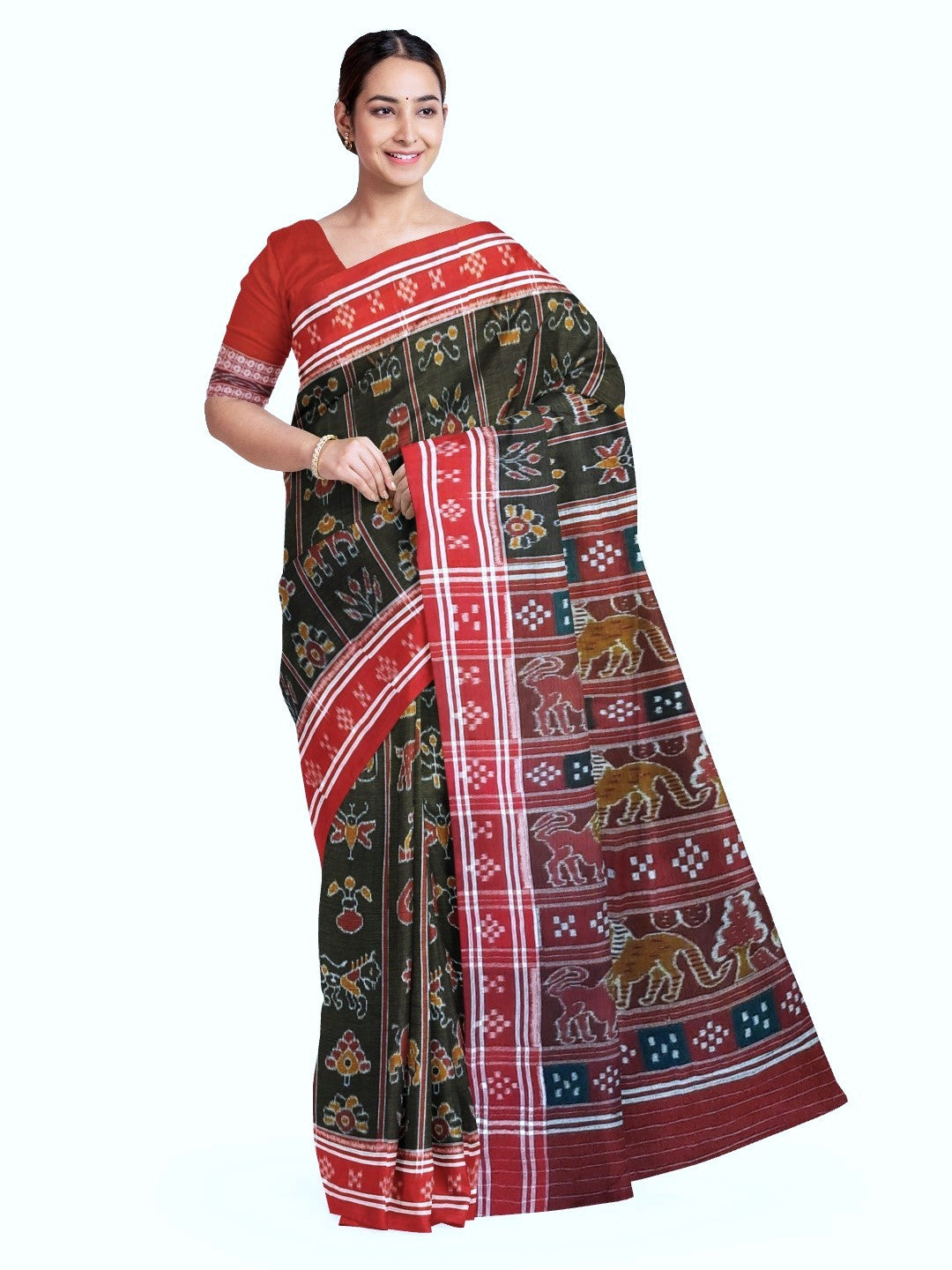 Black with Red colour cotton ikat Saree with mix match red cotton Ikat Blouse