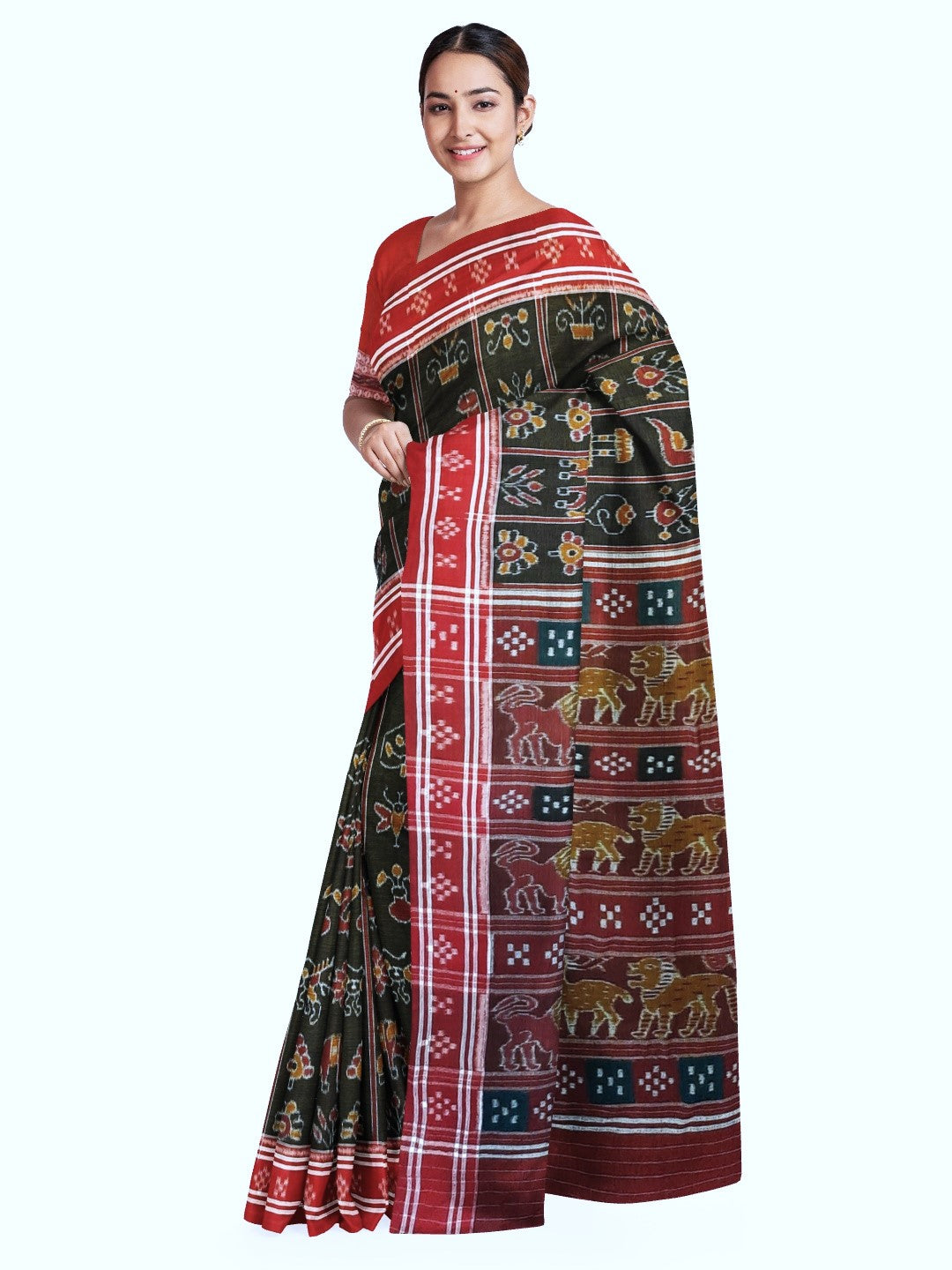Black with Red colour cotton ikat Saree with mix match red cotton Ikat Blouse