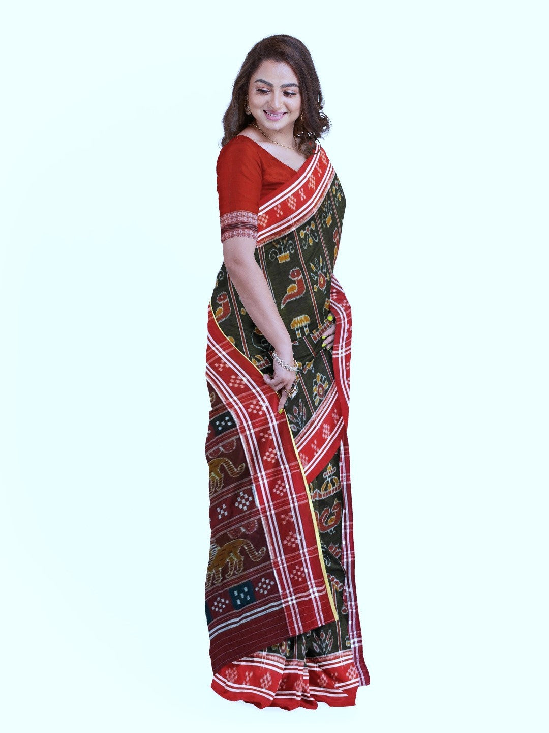 Black with Red colour cotton ikat Saree with mix match red cotton Ikat Blouse