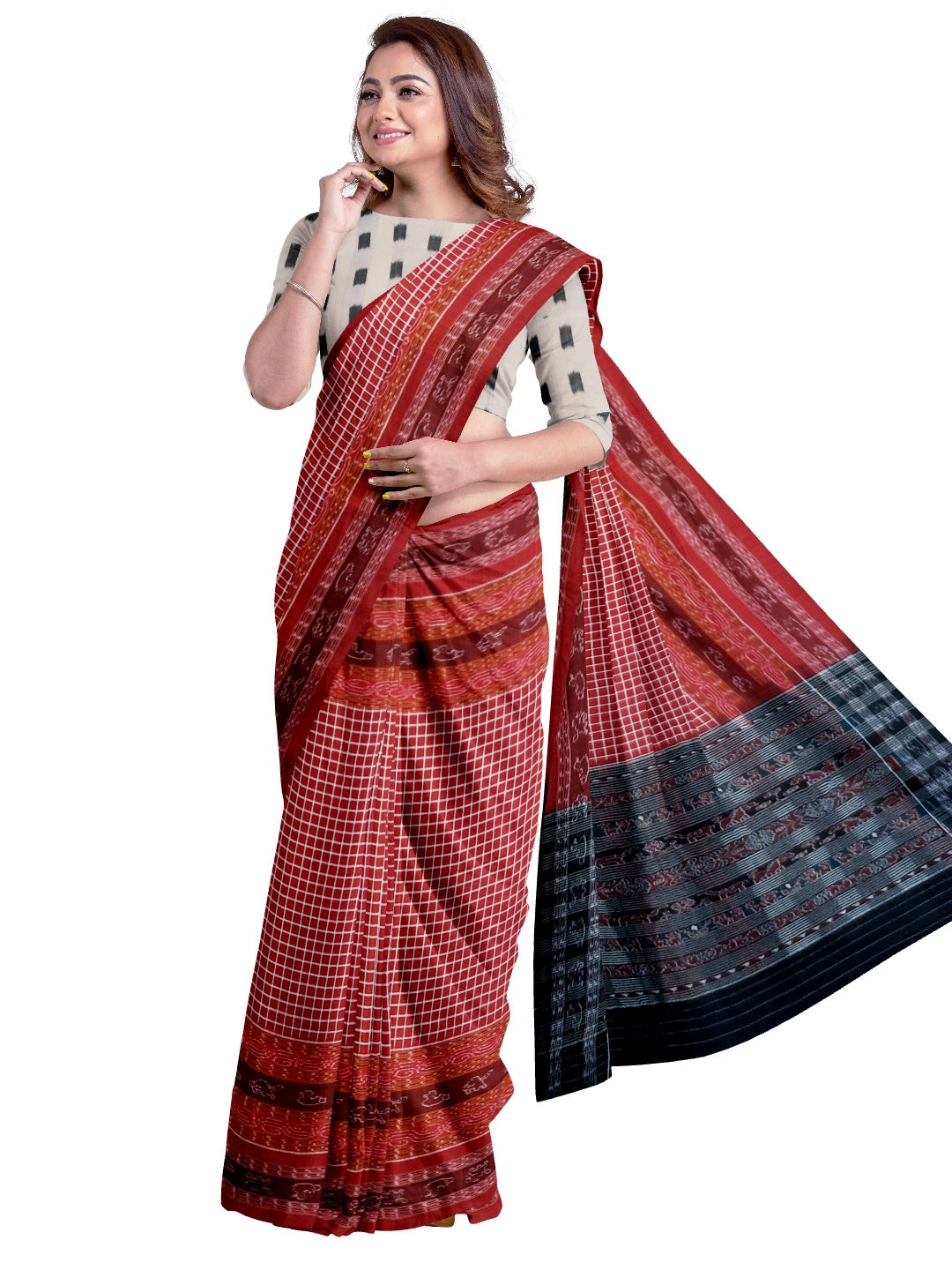 Maroon Sambalpuri Sachipar Cotton Saree with mix match blouse piece
