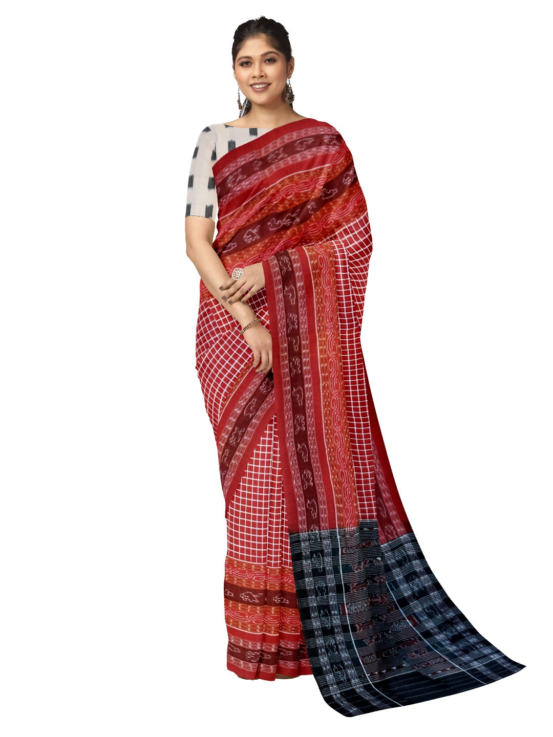 Maroon Sambalpuri Sachipar Cotton Saree with mix match blouse piece