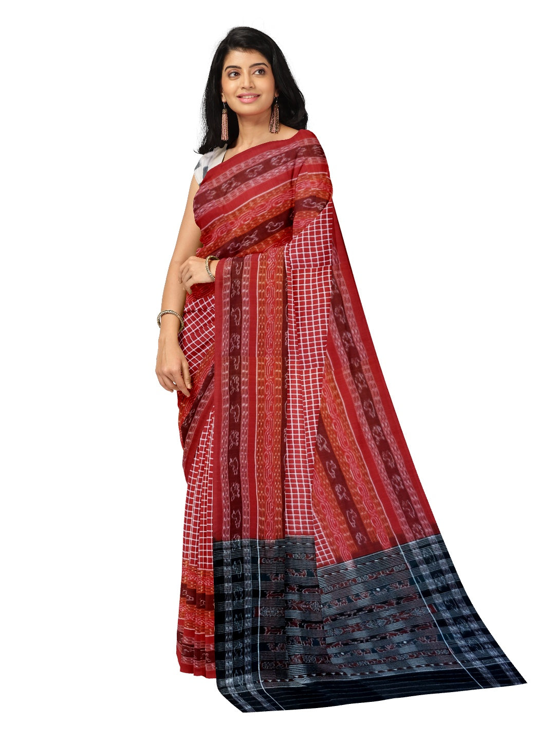 Maroon Sambalpuri Sachipar Cotton Saree with mix match blouse piece