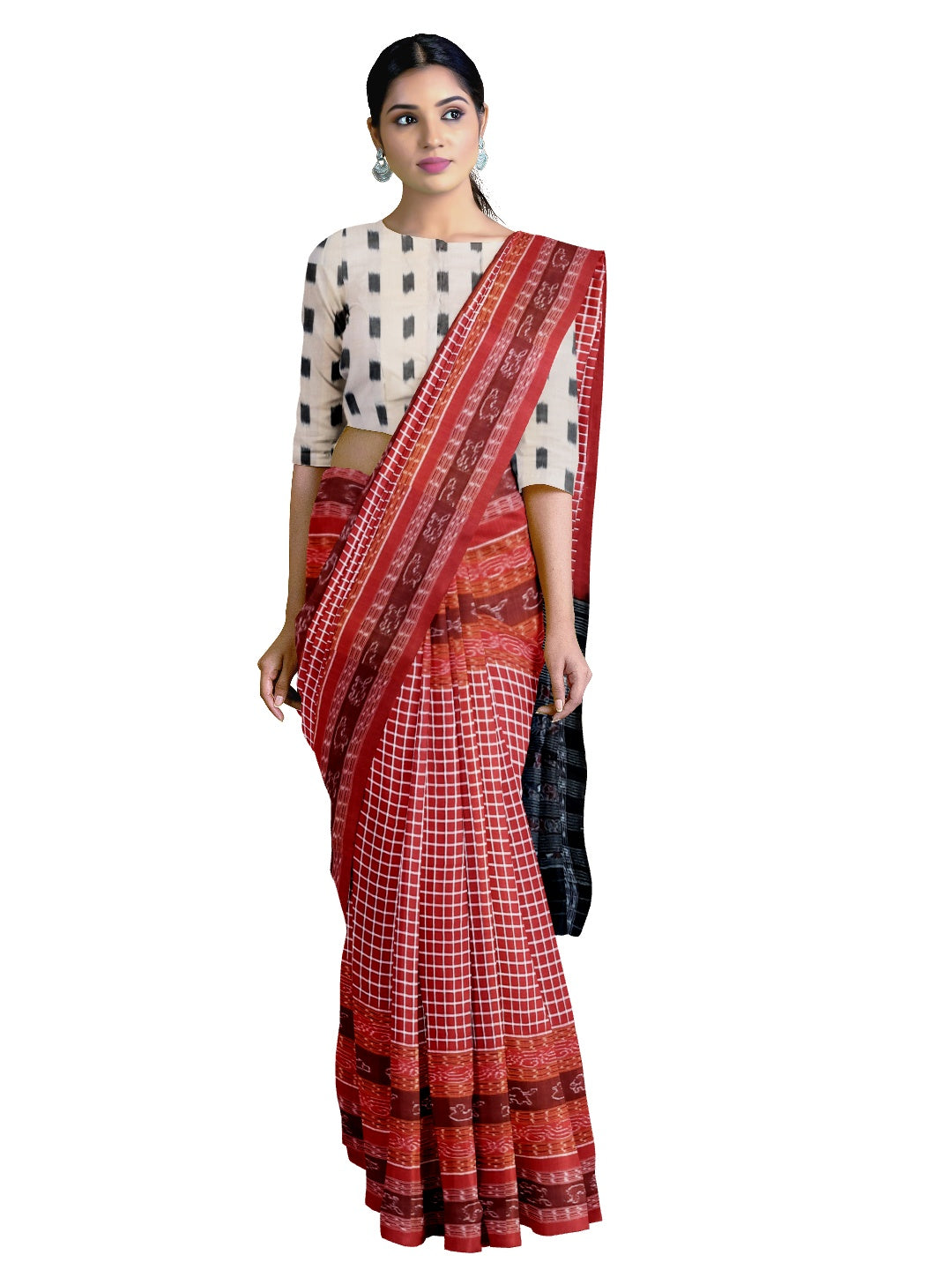 Maroon Sambalpuri Sachipar Cotton Saree with mix match blouse piece