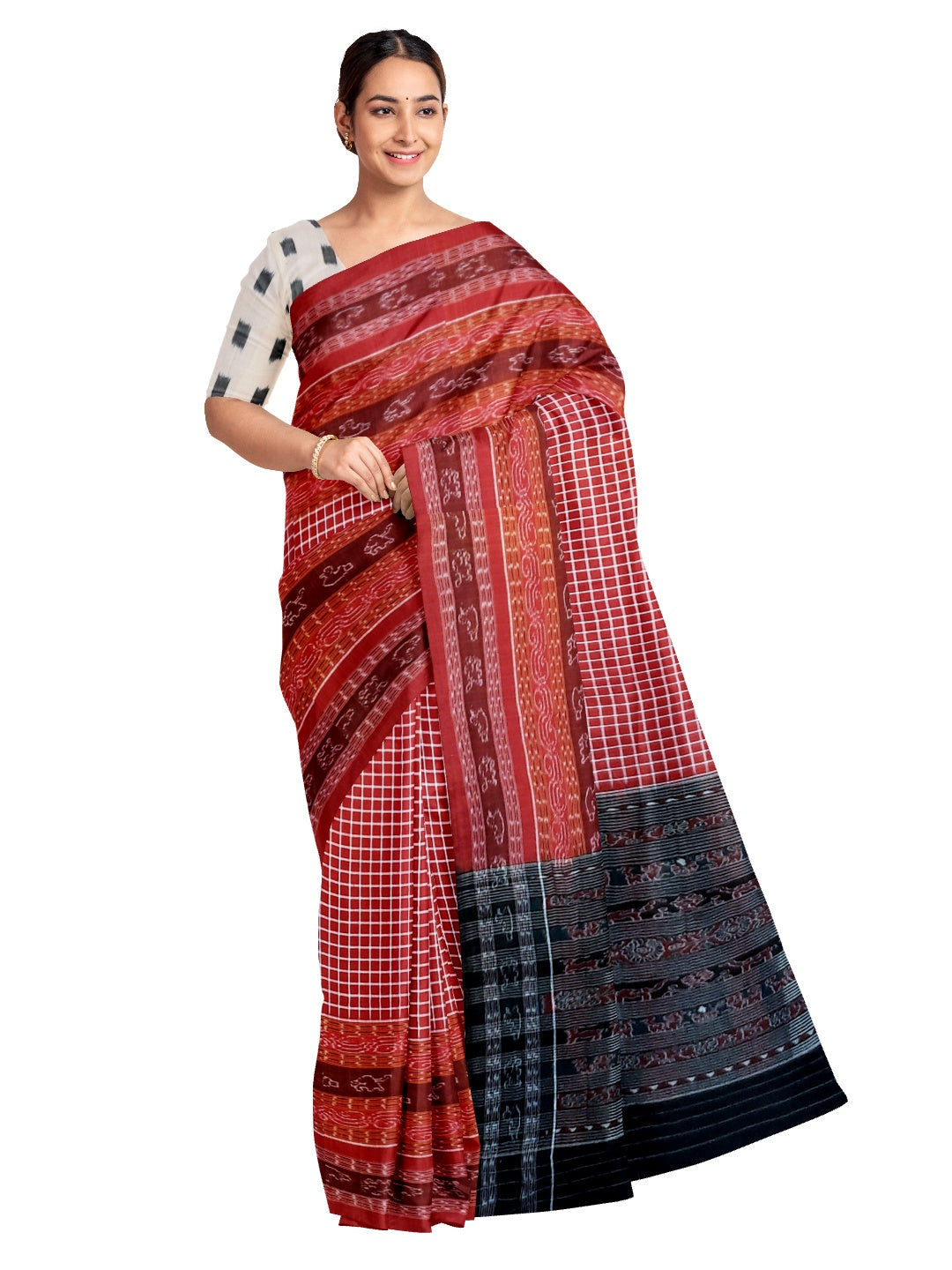 Maroon Sambalpuri Sachipar Cotton Saree with mix match blouse piece