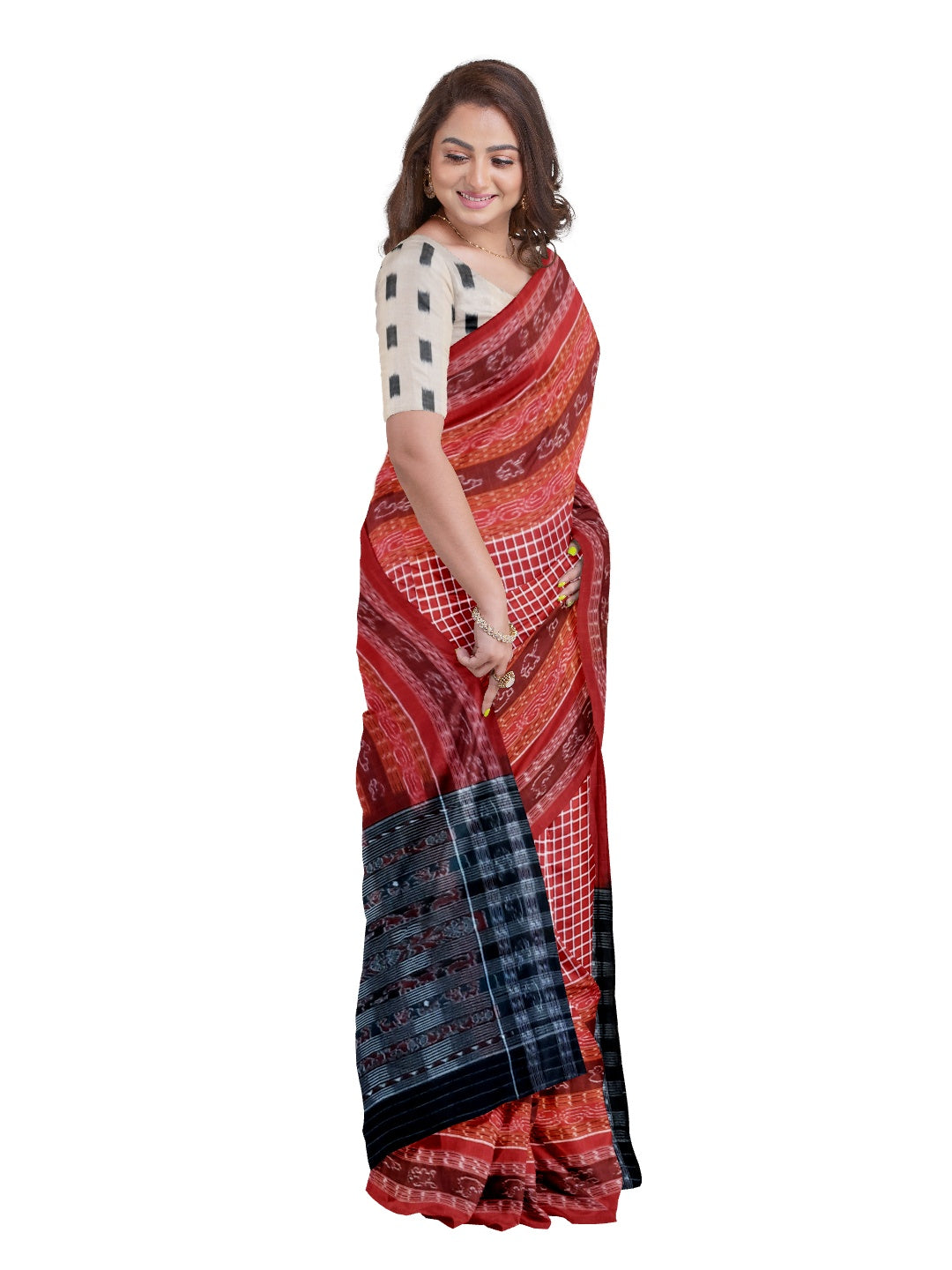 Maroon Sambalpuri Sachipar Cotton Saree with mix match blouse piece