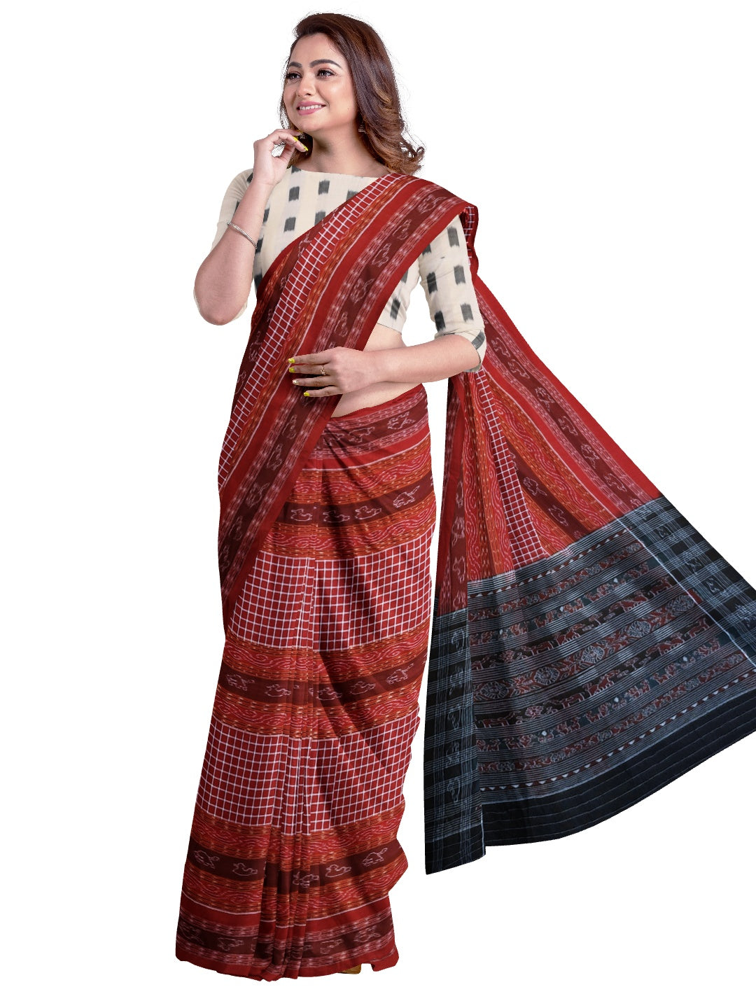 Maroon Sambalpuri Sachipar Cotton Saree with mix match blouse piece