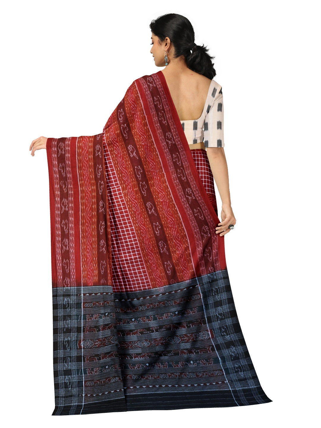 Maroon Sambalpuri Sachipar Cotton Saree with mix match blouse piece