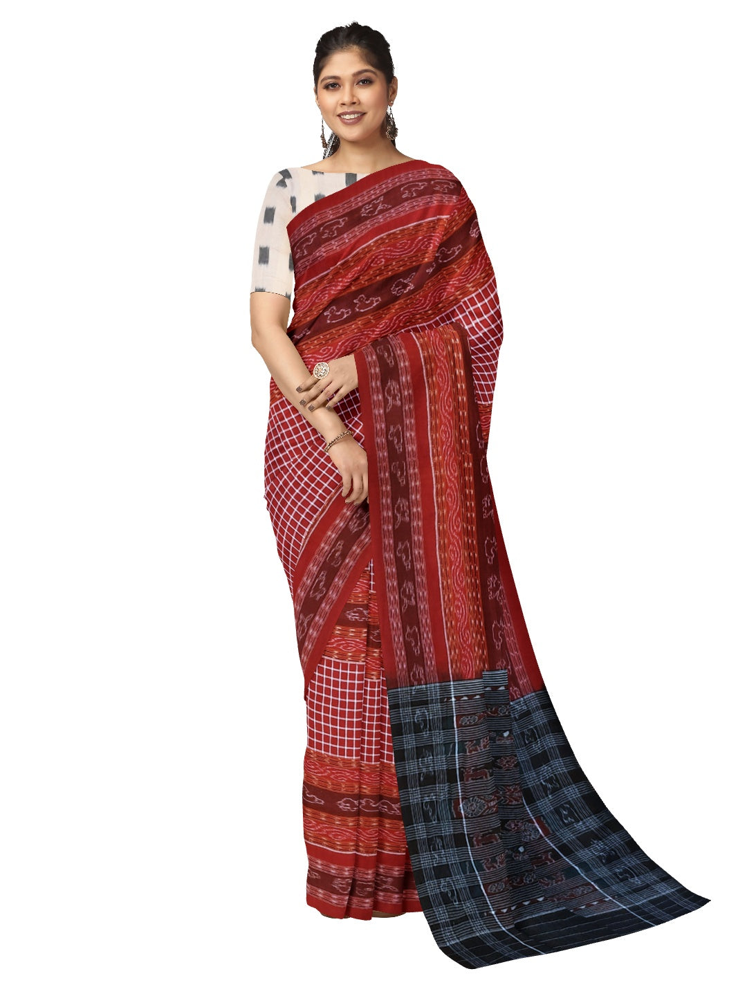 Maroon Sambalpuri Sachipar Cotton Saree with mix match blouse piece