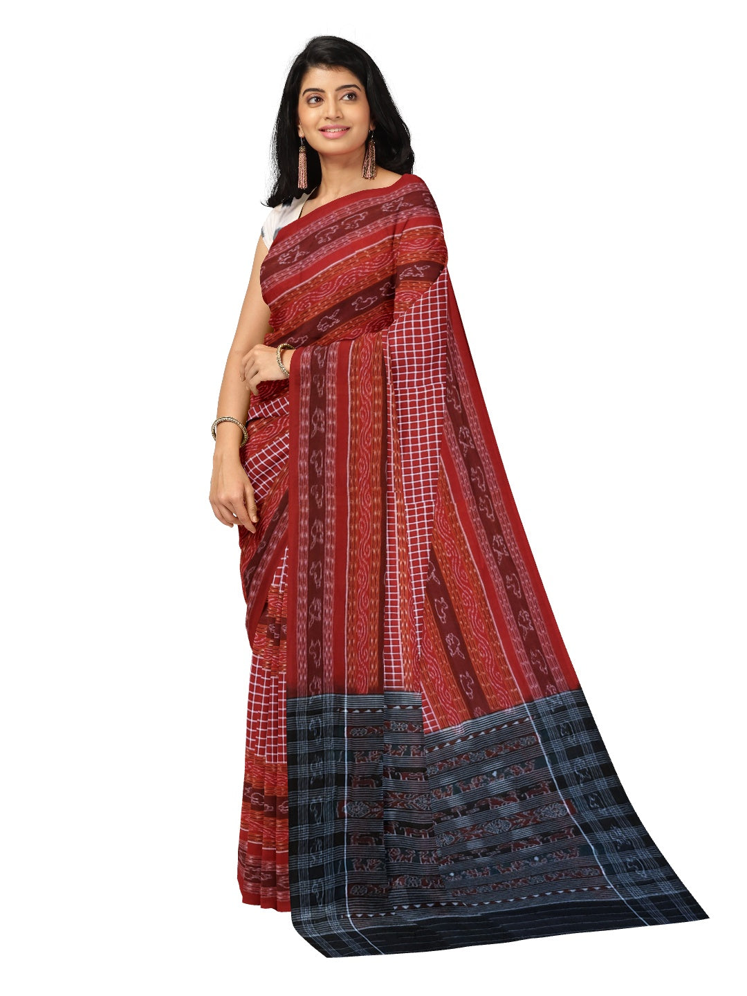 Maroon Sambalpuri Sachipar Cotton Saree with mix match blouse piece