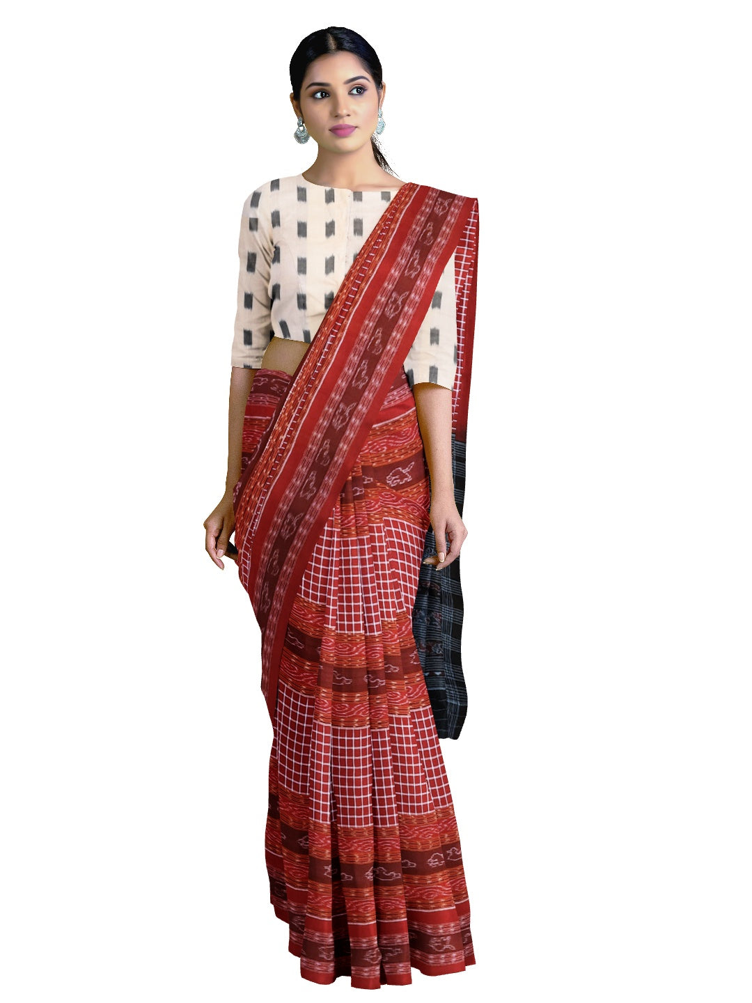 Maroon Sambalpuri Sachipar Cotton Saree with mix match blouse piece