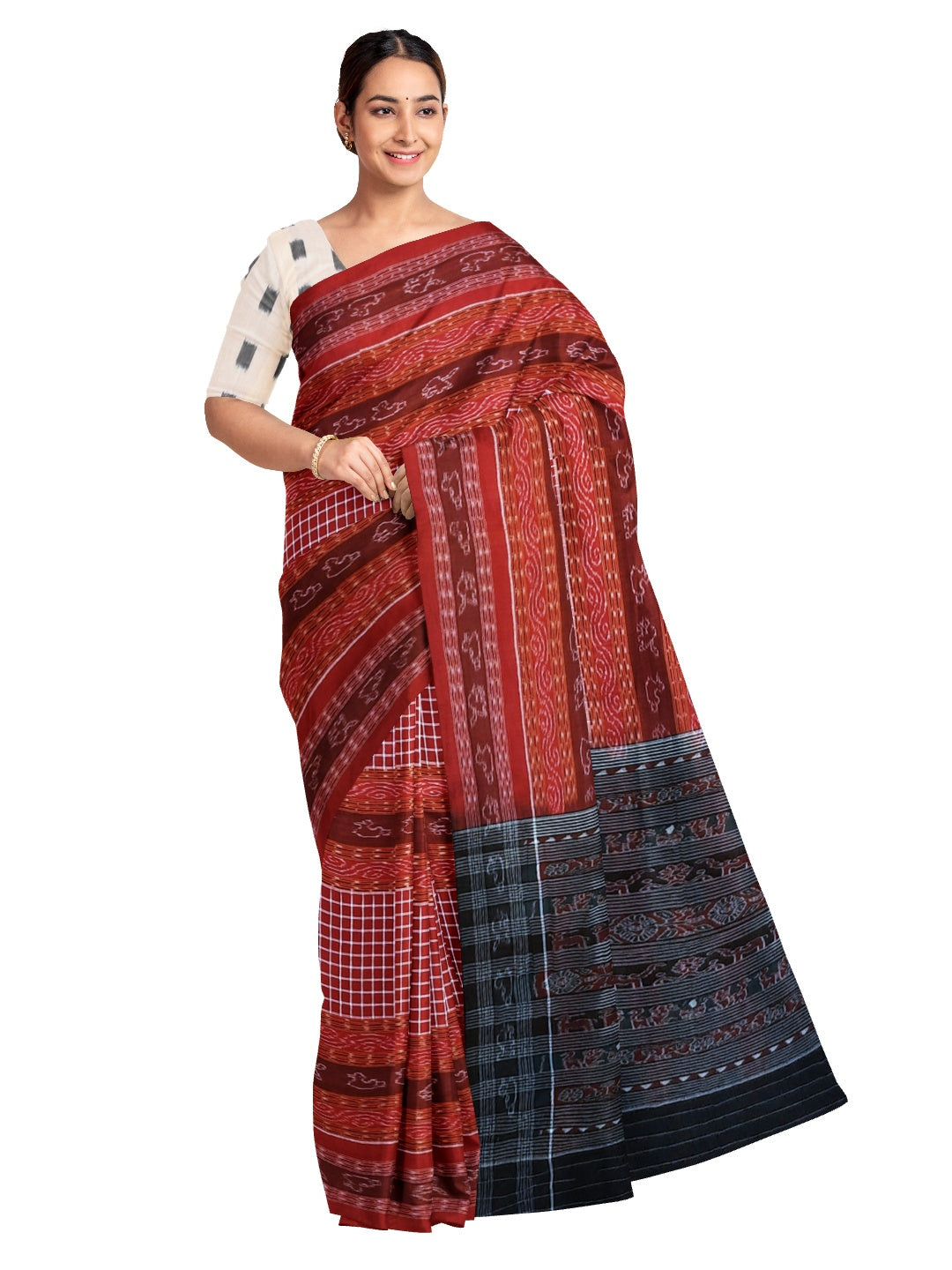 Maroon Sambalpuri Sachipar Cotton Saree with mix match blouse piece