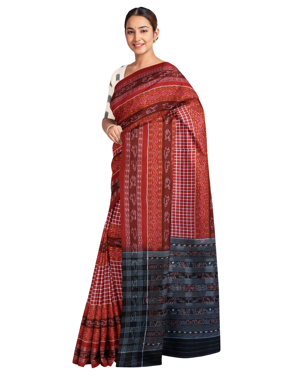 Maroon Sambalpuri Sachipar Cotton Saree with mix match blouse piece