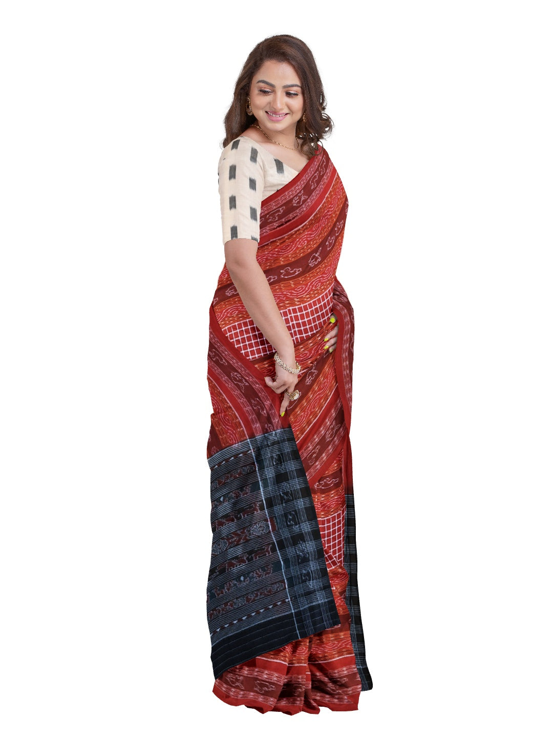 Maroon Sambalpuri Sachipar Cotton Saree with mix match blouse piece