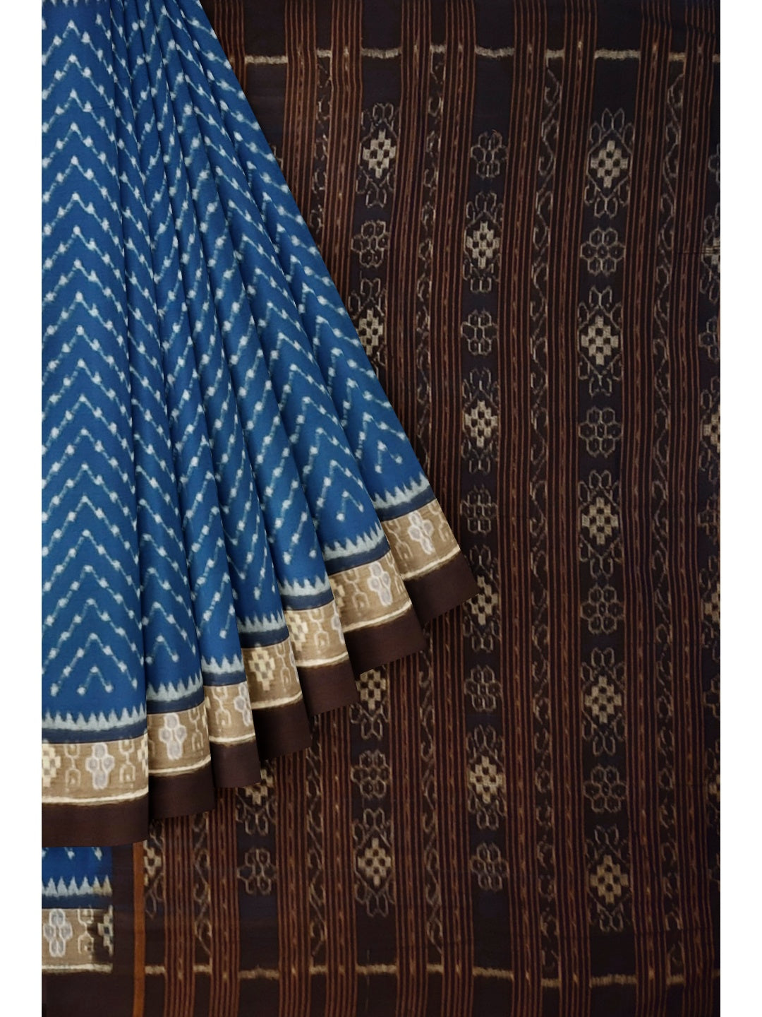 Blue Black cotton Sambalpuri Saree with running cotton Ikat blouse piece
