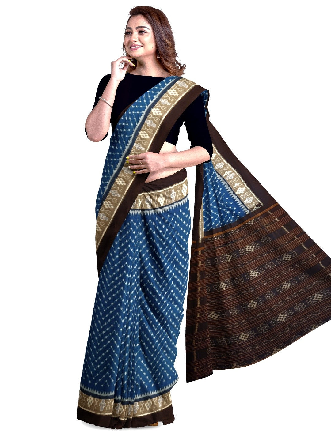 Blue Black cotton Sambalpuri Saree with running cotton Ikat blouse piece
