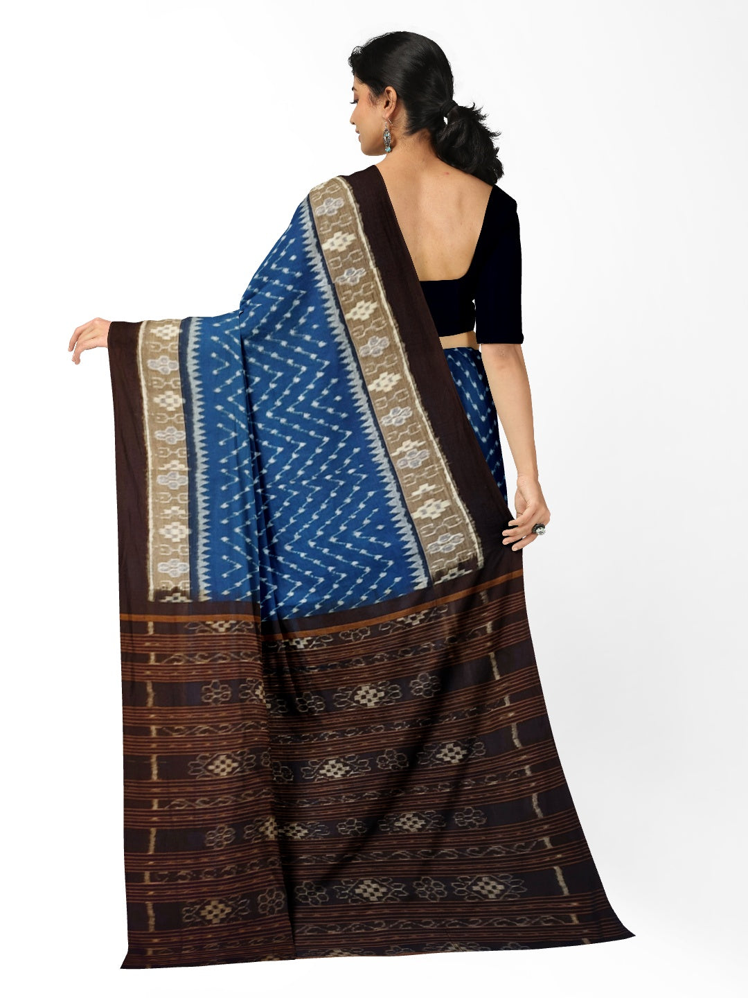 Blue Black cotton Sambalpuri Saree with running cotton Ikat blouse piece