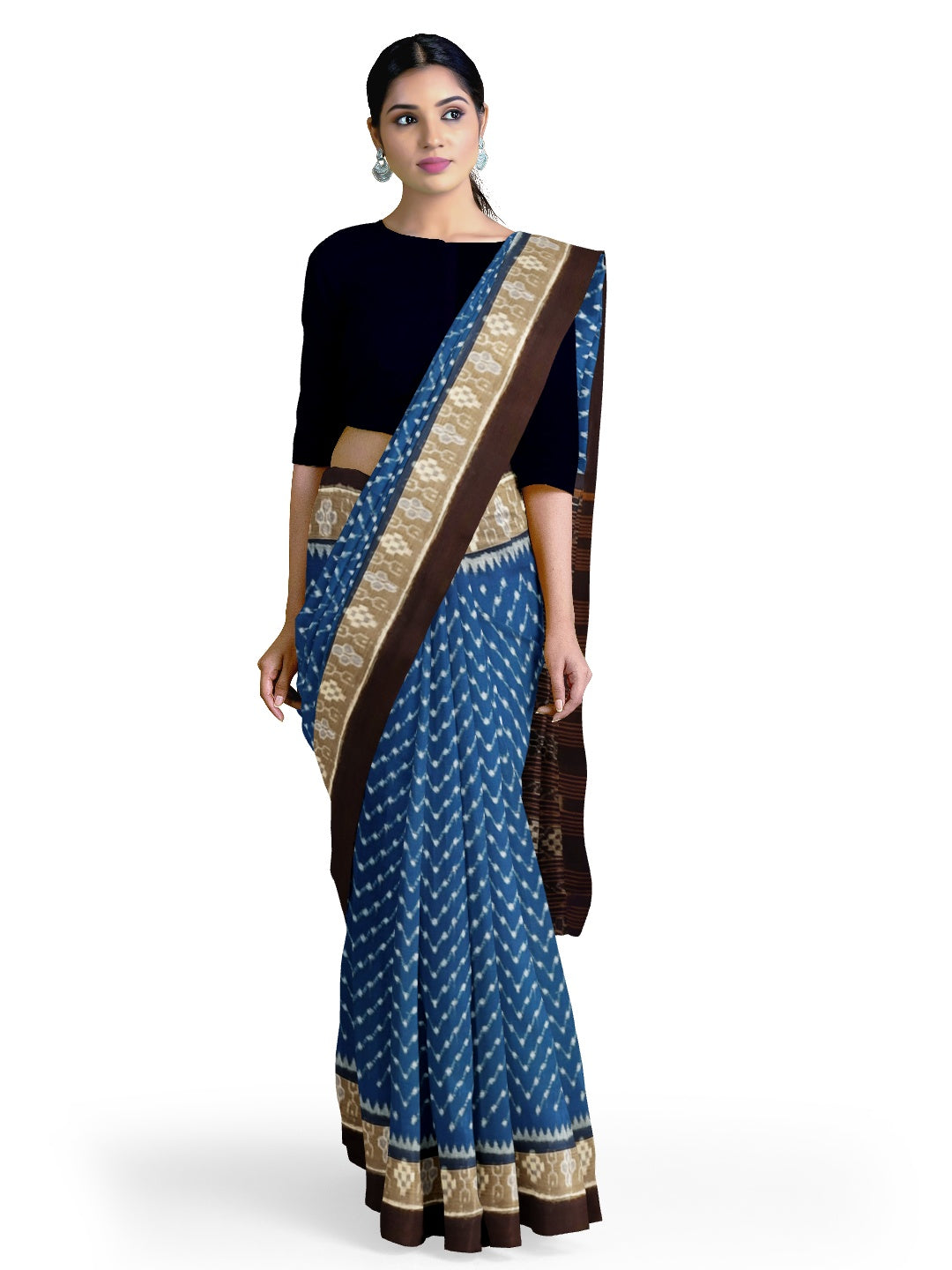 Blue Black cotton Sambalpuri Saree with running cotton Ikat blouse piece