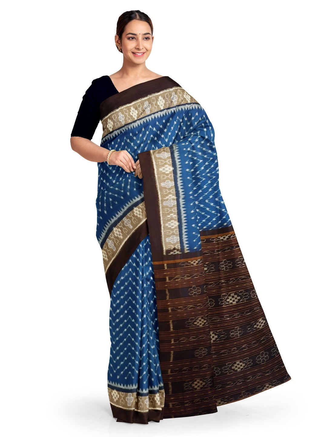 Blue Black cotton Sambalpuri Saree with running cotton Ikat blouse piece