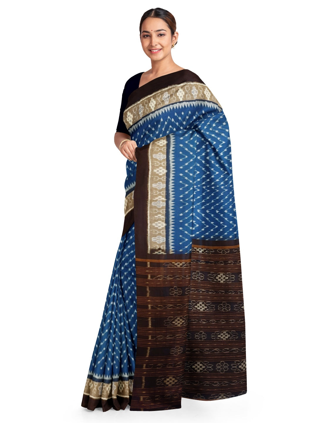 Blue Black cotton Sambalpuri Saree with running cotton Ikat blouse piece