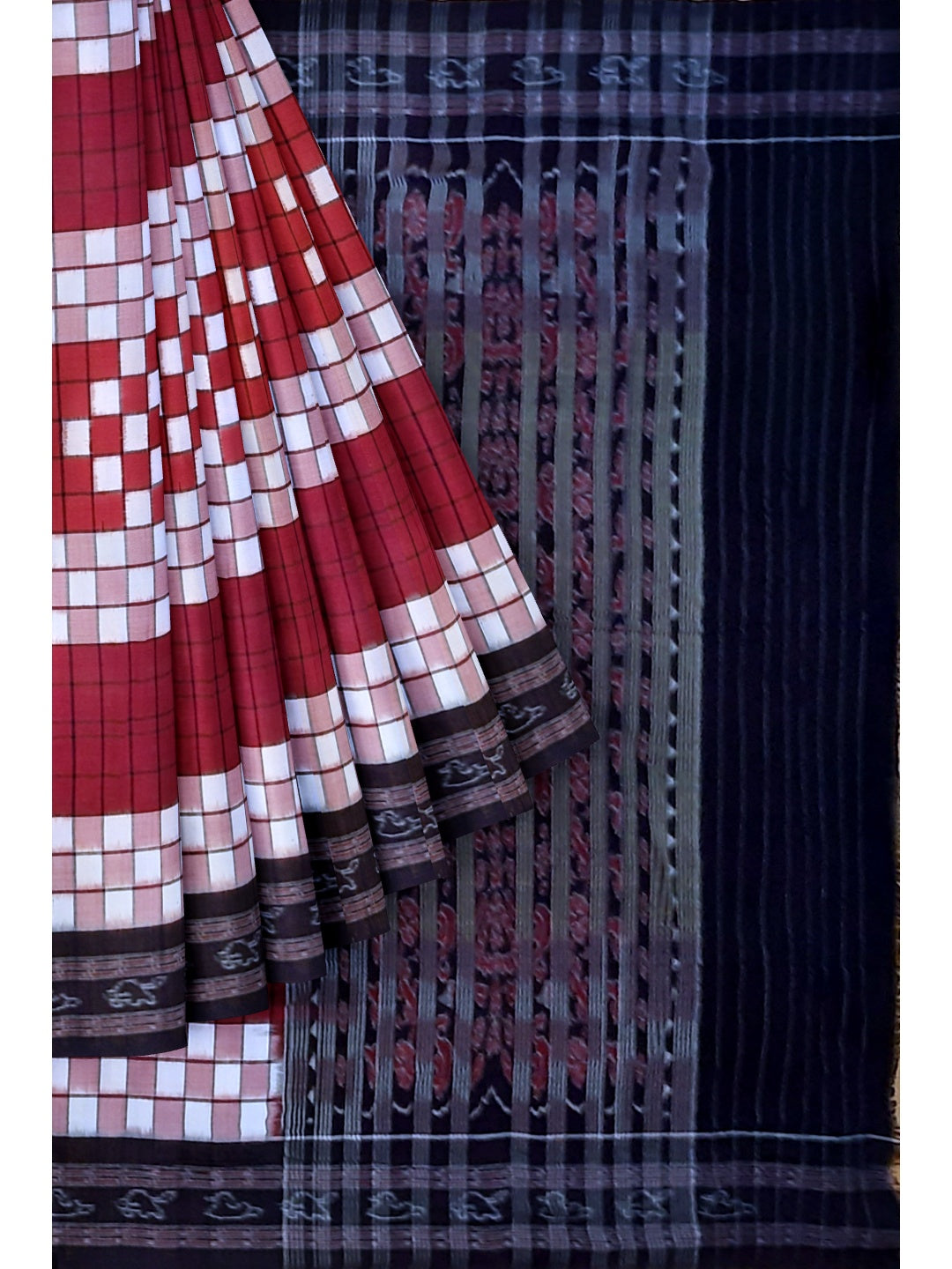 Maroon white with black Sambalpuri Sachipar Cotton Saree with mix match blouse piece