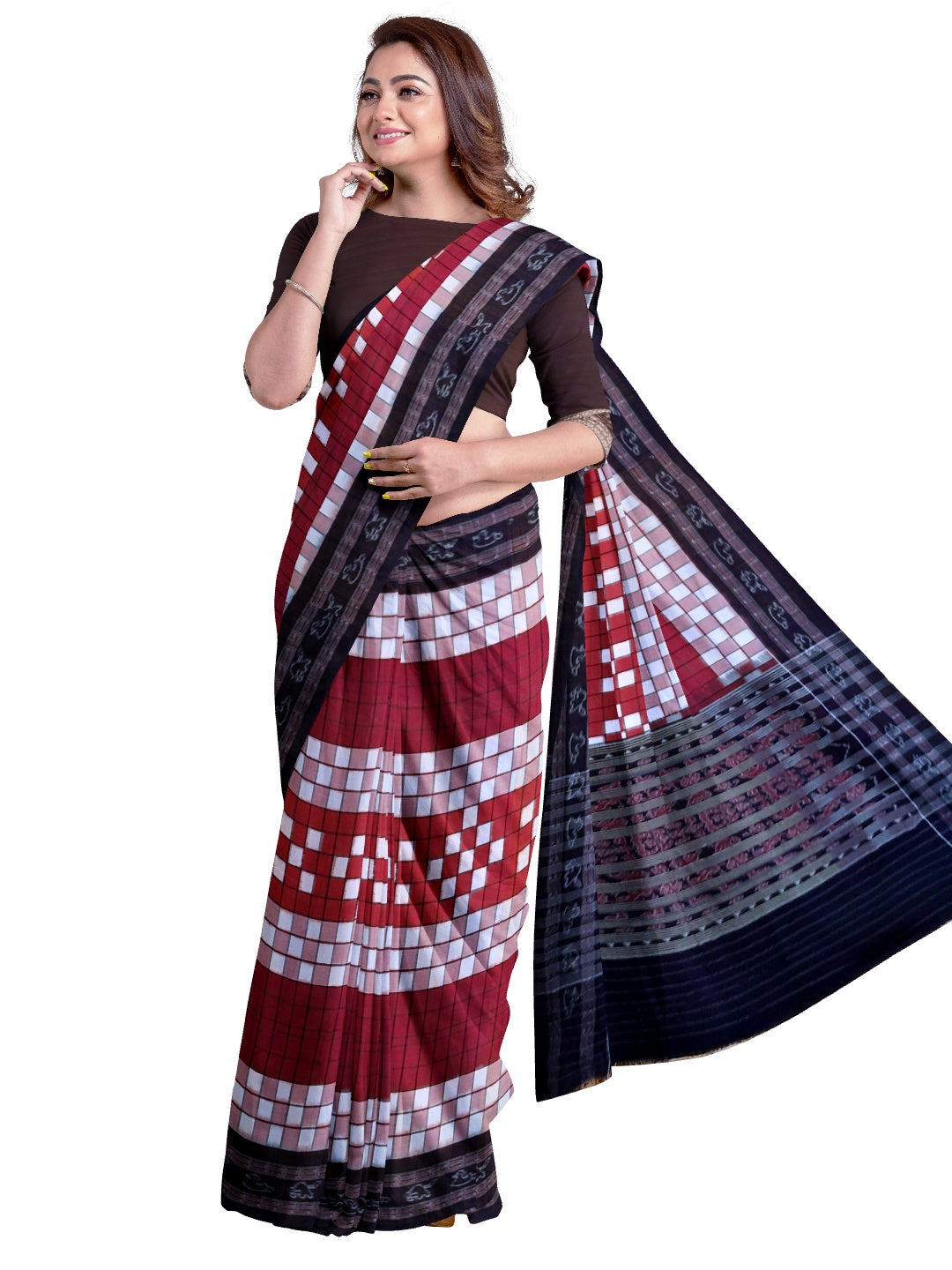 Maroon white with black Sambalpuri Sachipar Cotton Saree with mix match blouse piece