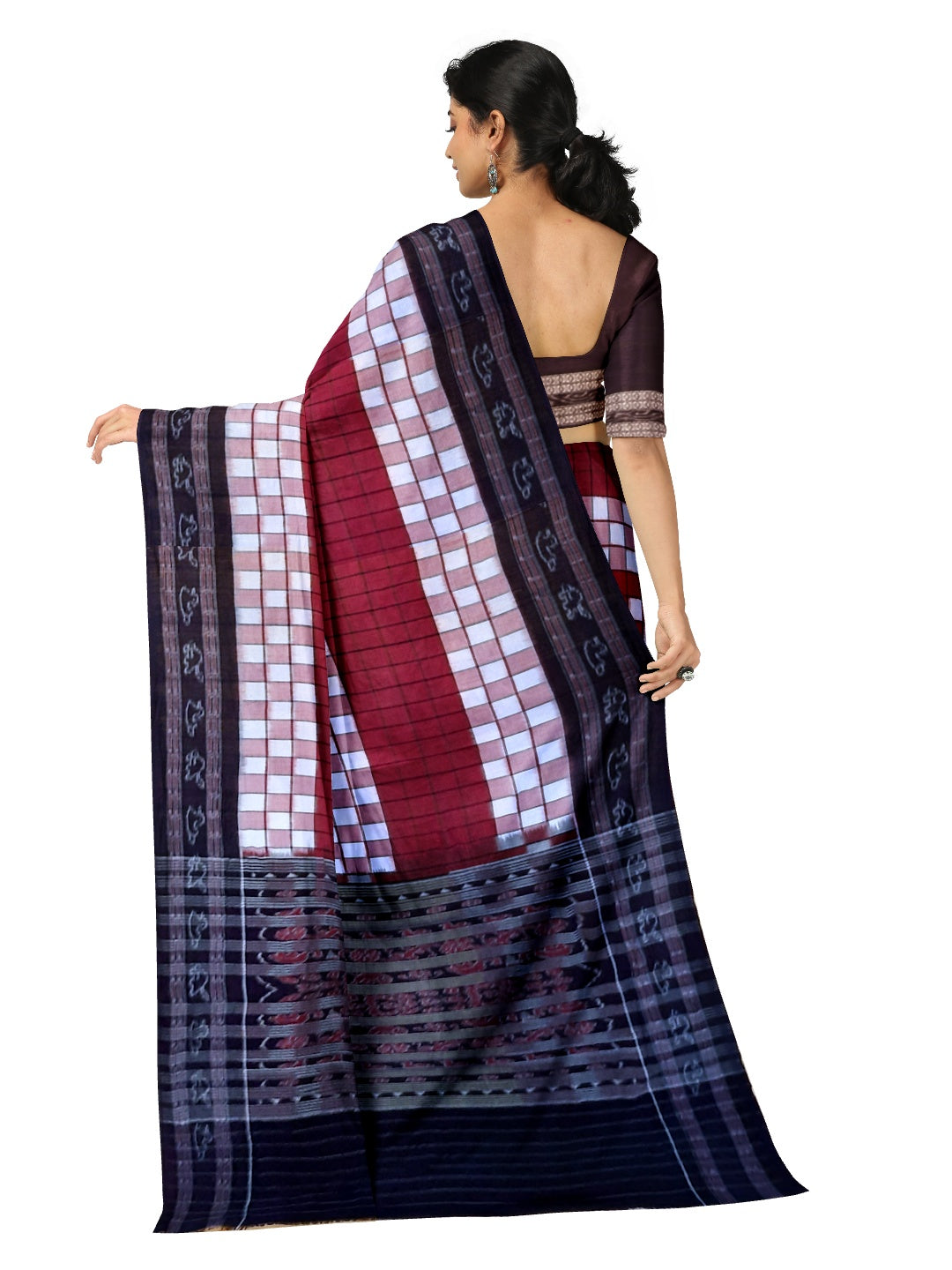 Maroon white with black Sambalpuri Sachipar Cotton Saree with mix match blouse piece
