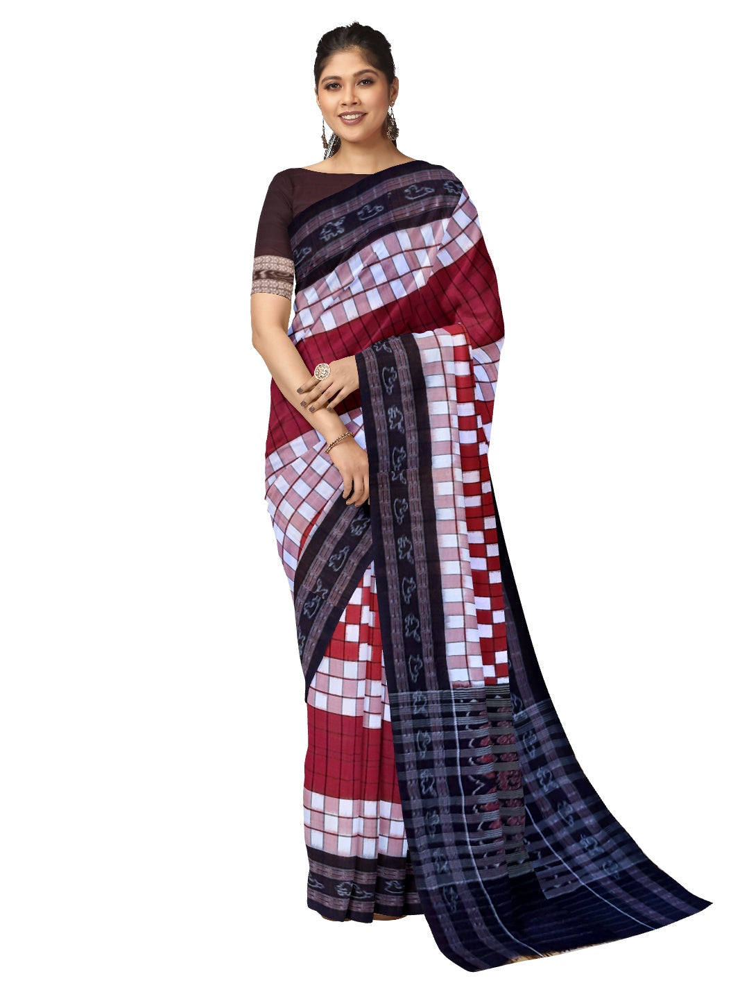 Maroon white with black Sambalpuri Sachipar Cotton Saree with mix match blouse piece