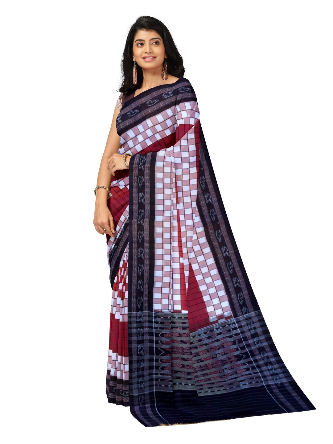 Maroon white with black Sambalpuri Sachipar Cotton Saree with mix match blouse piece