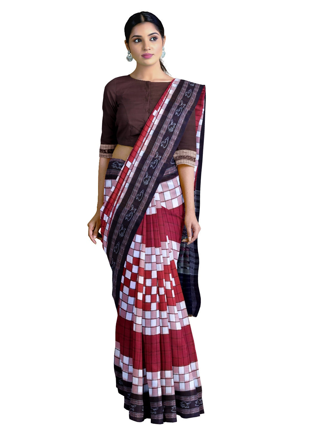 Maroon white with black Sambalpuri Sachipar Cotton Saree with mix match blouse piece