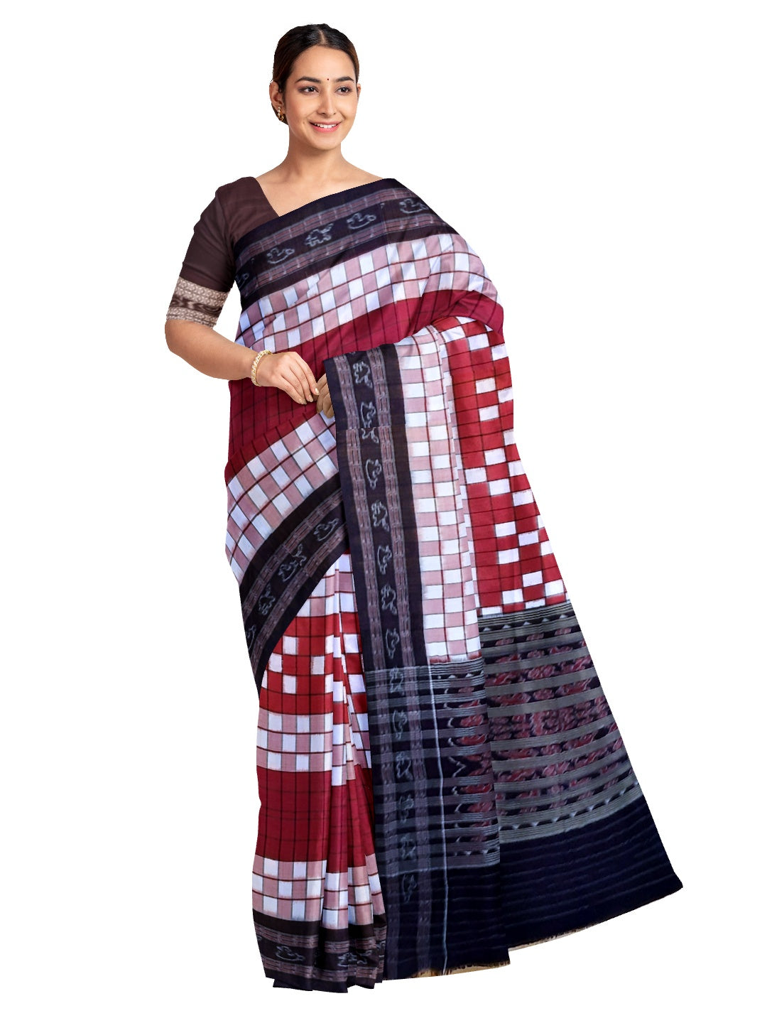 Maroon white with black Sambalpuri Sachipar Cotton Saree with mix match blouse piece