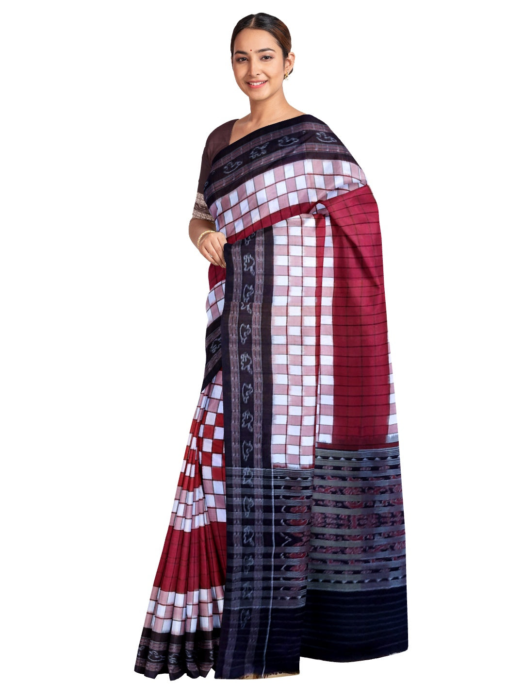 Maroon white with black Sambalpuri Sachipar Cotton Saree with mix match blouse piece