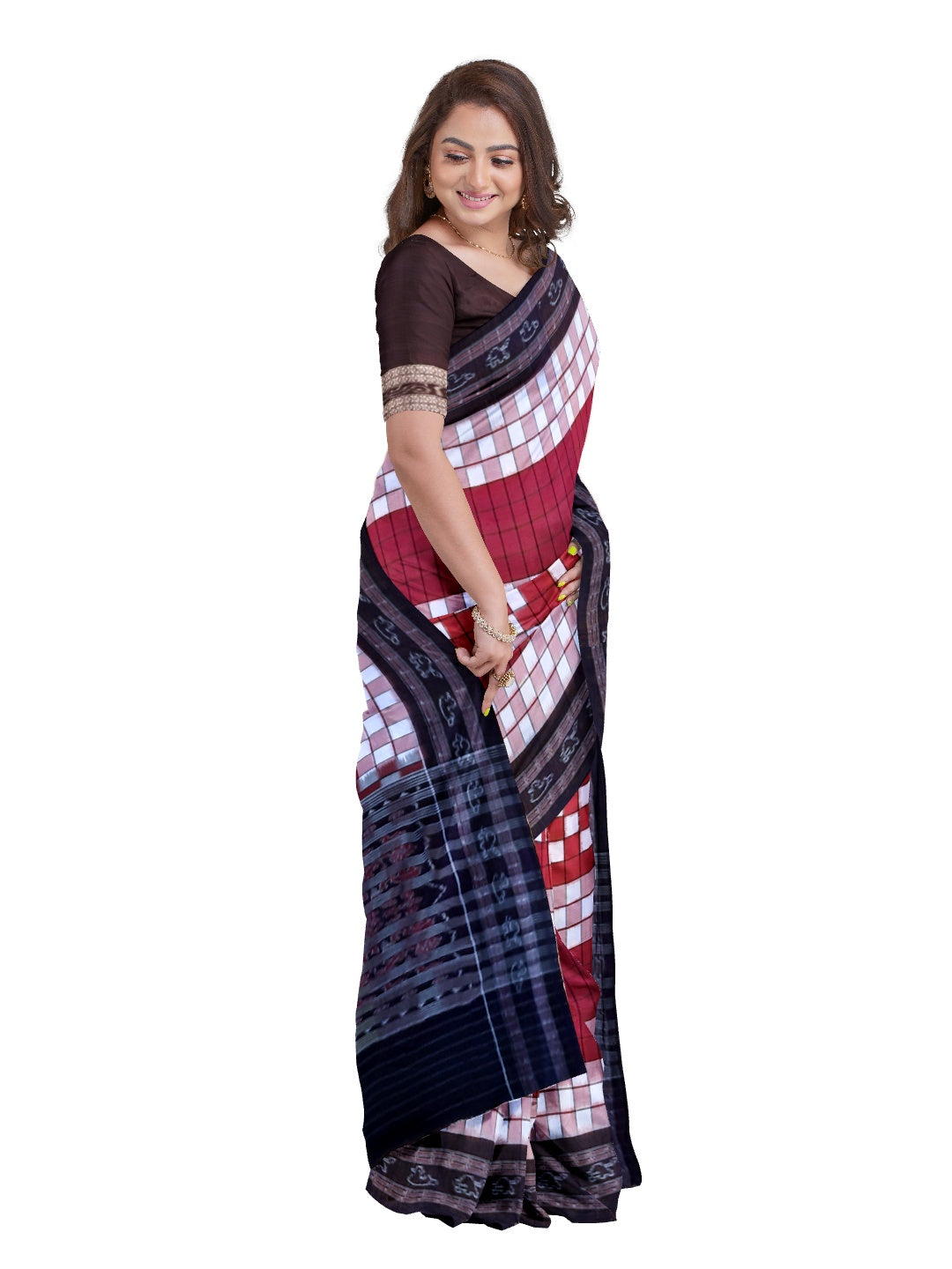Maroon white with black Sambalpuri Sachipar Cotton Saree with mix match blouse piece