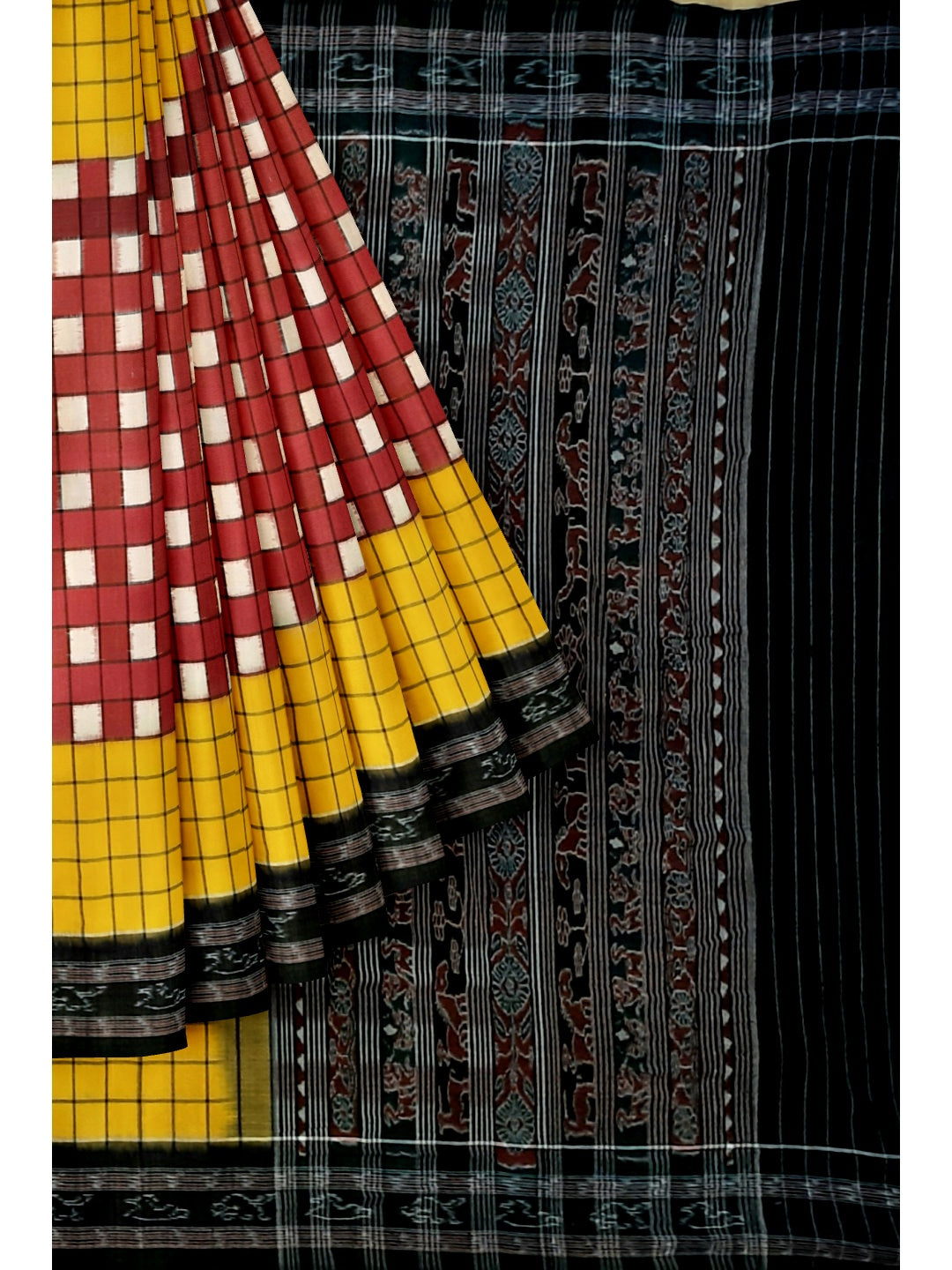 Maroon Yellow with black Sambalpuri Sachipar Cotton Saree with mix match blouse piece