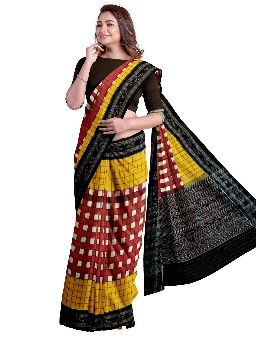 Maroon Yellow with black Sambalpuri Sachipar Cotton Saree with mix match blouse piece